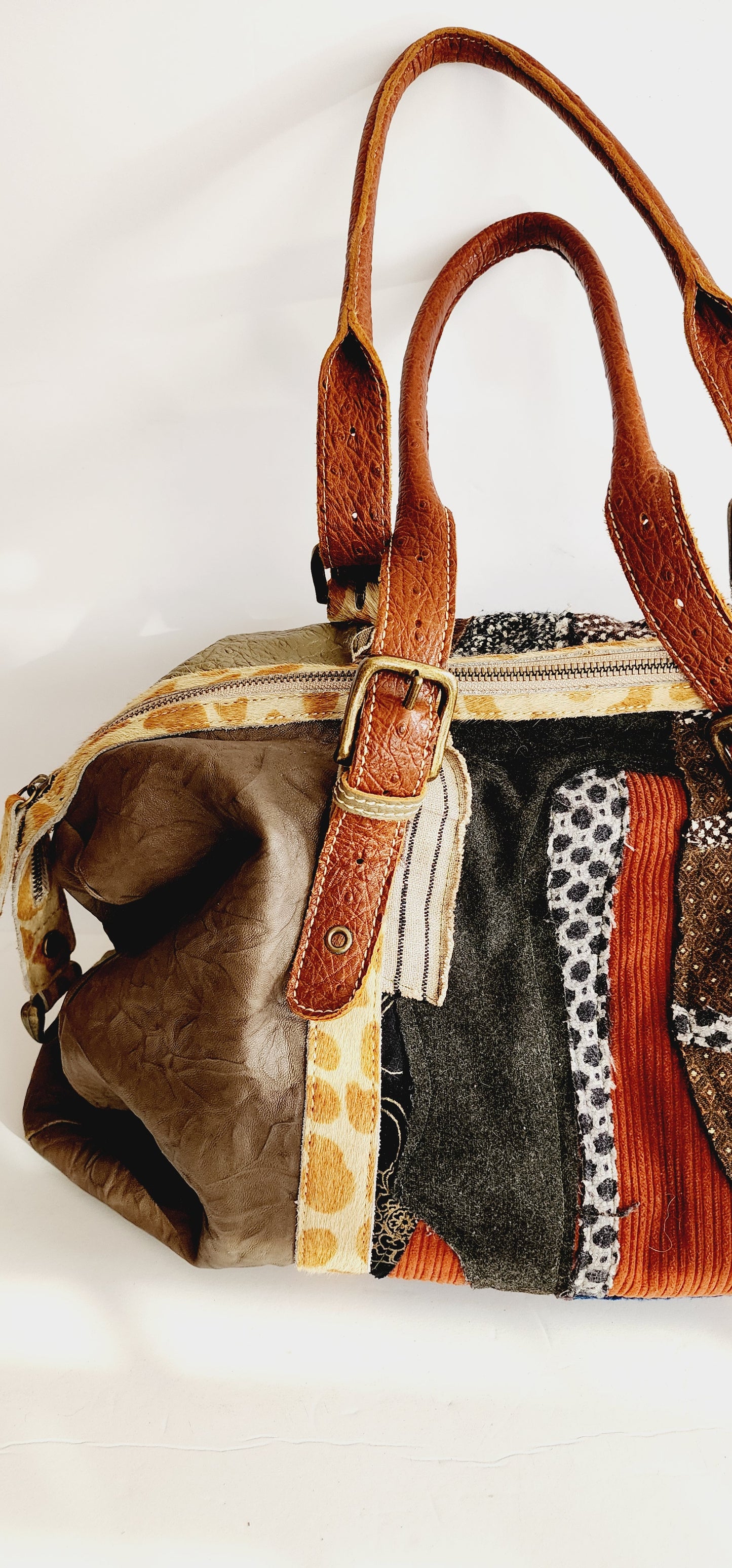 Handmade Patchwork Duffle Bag in Leather & Fabric by Frankie Slaughter