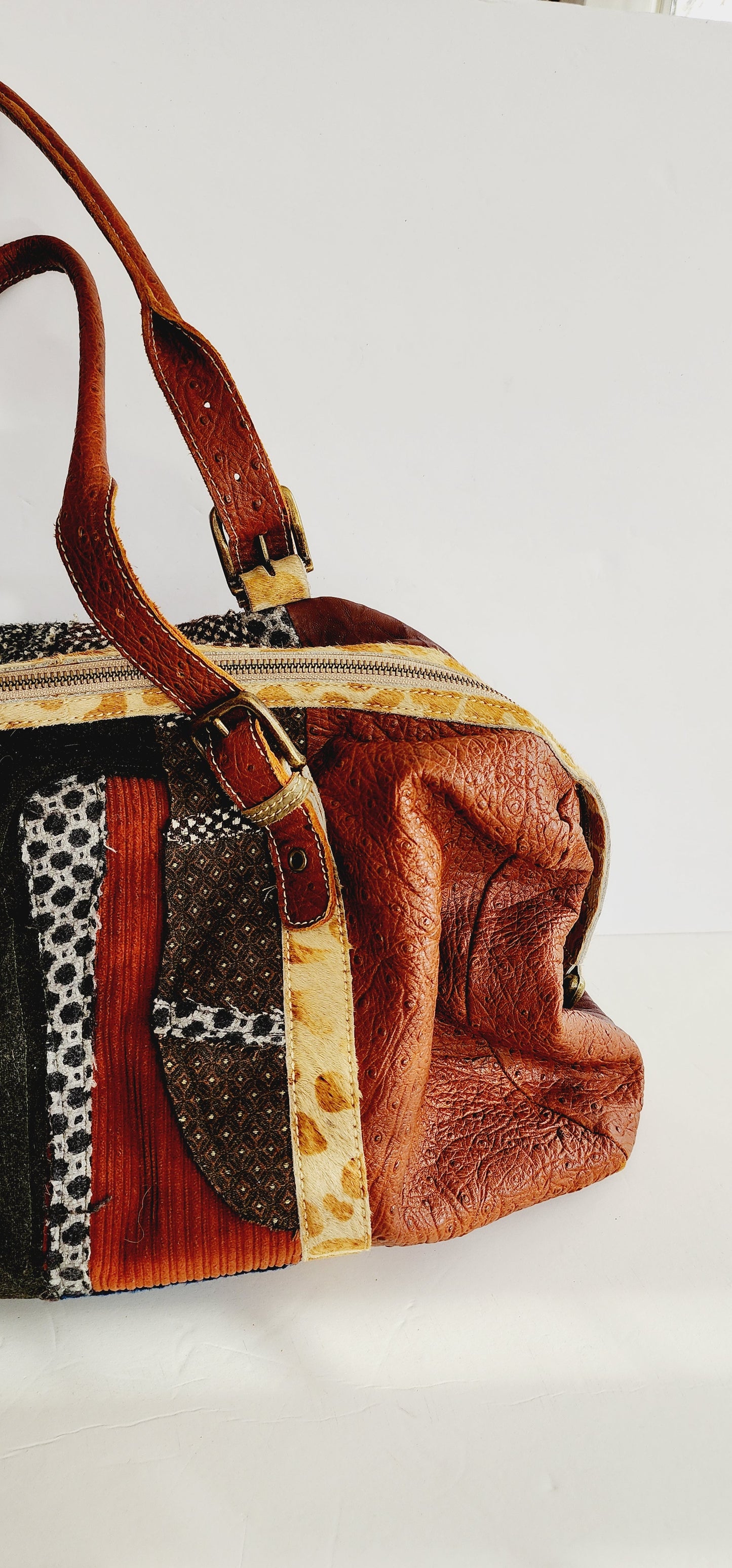 Handmade Patchwork Duffle Bag in Leather & Fabric by Frankie Slaughter