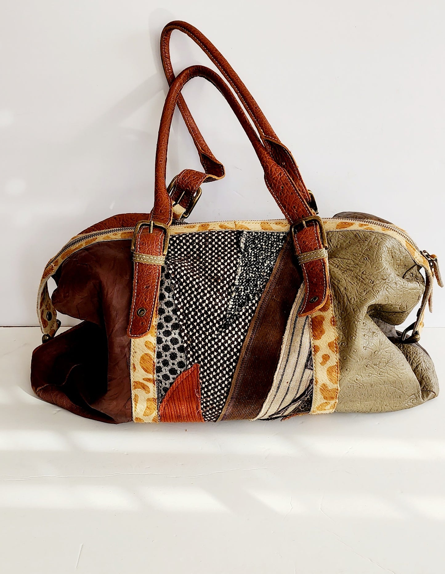 Handmade Patchwork Duffle Bag in Leather & Fabric by Frankie Slaughter