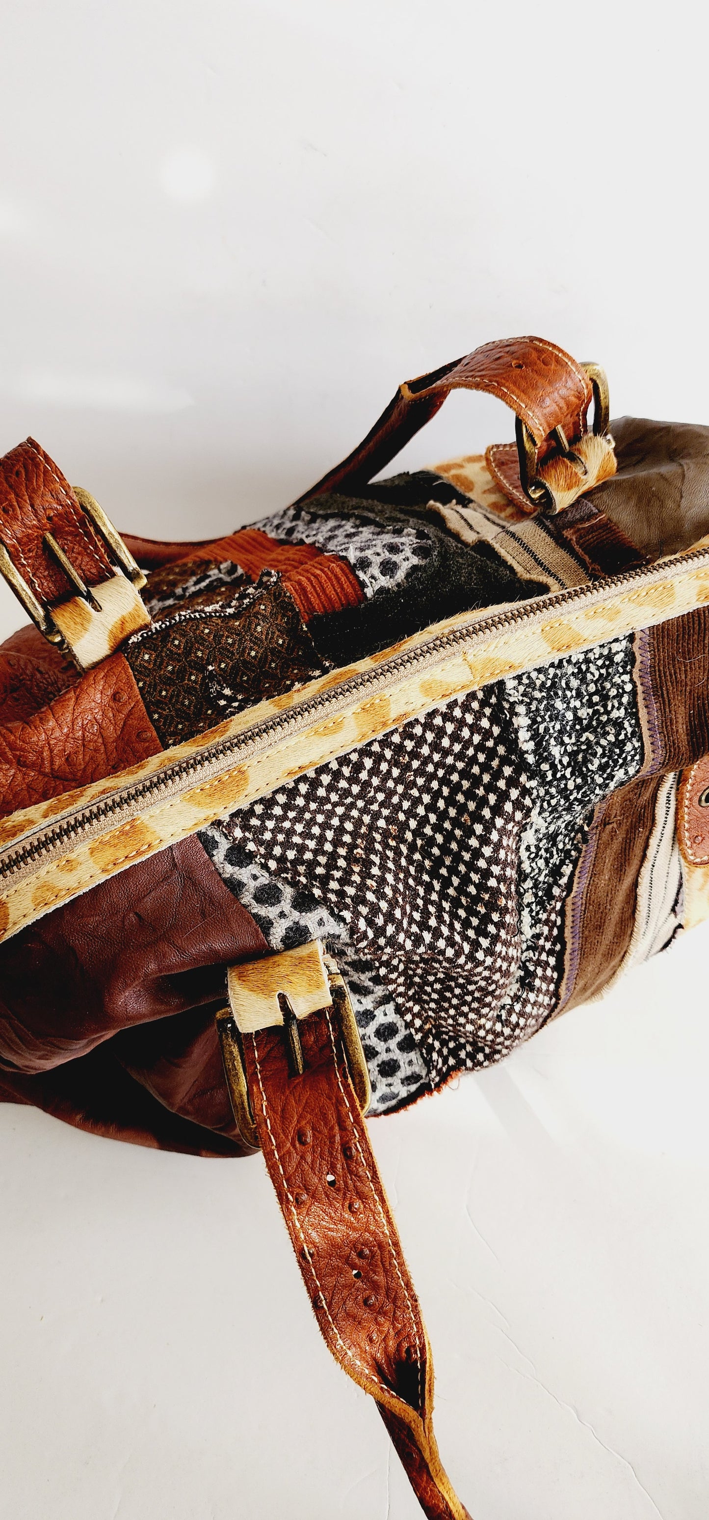 Handmade Patchwork Duffle Bag in Leather & Fabric by Frankie Slaughter