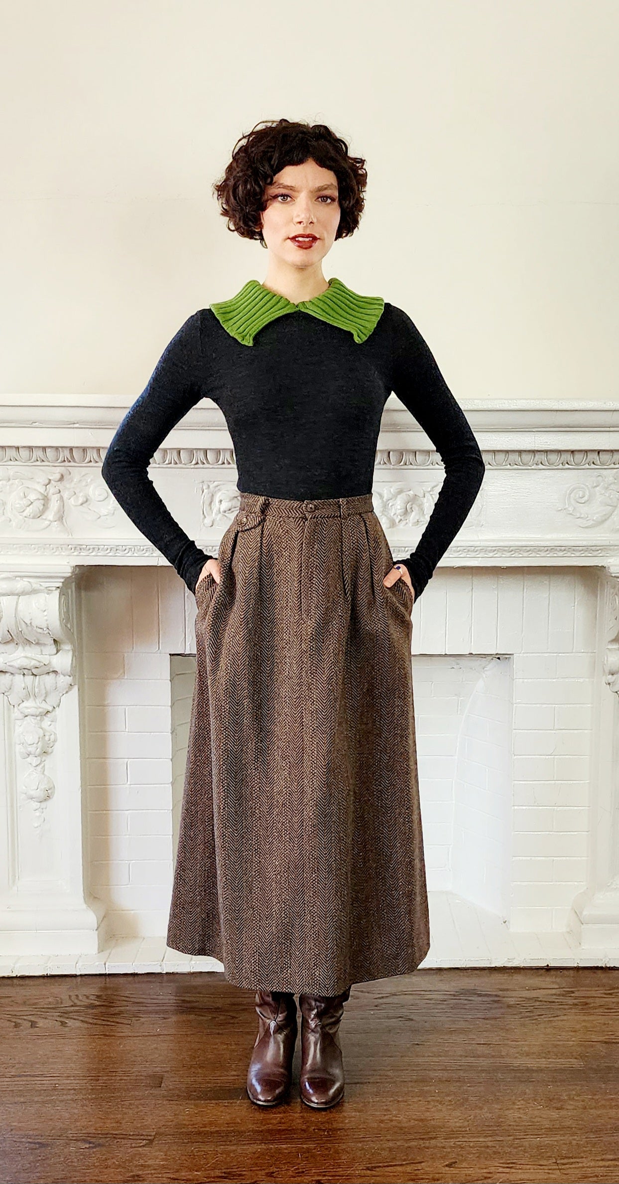 70s Ralph Lauren Wool Tweed Long Skirt in Brown, Small