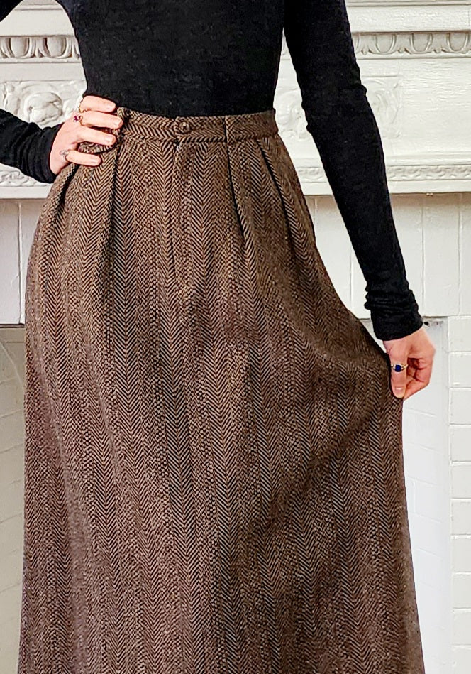 70s Ralph Lauren Wool Tweed Long Skirt in Brown, Small