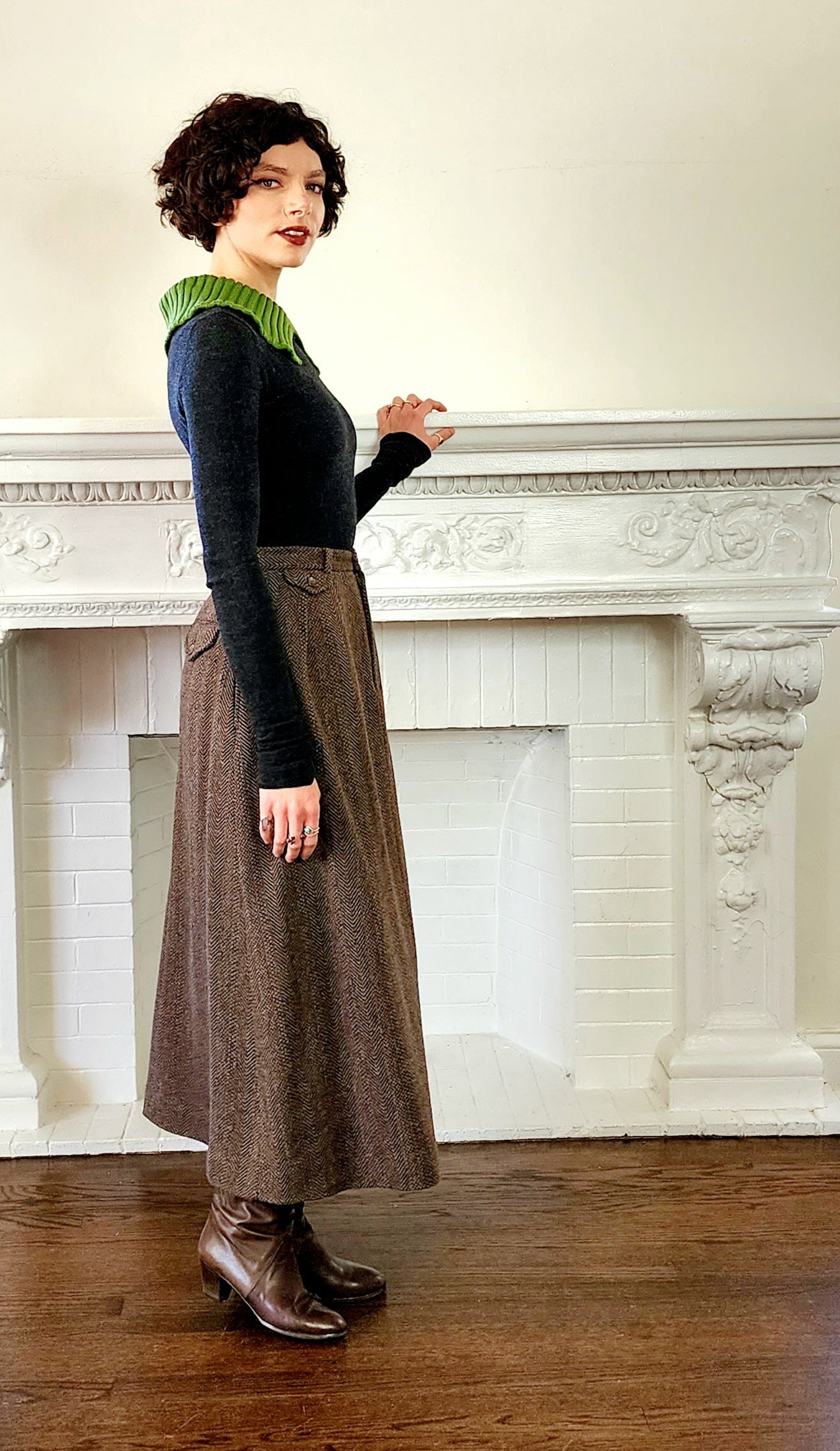 70s Ralph Lauren Wool Tweed Long Skirt in Brown, Small