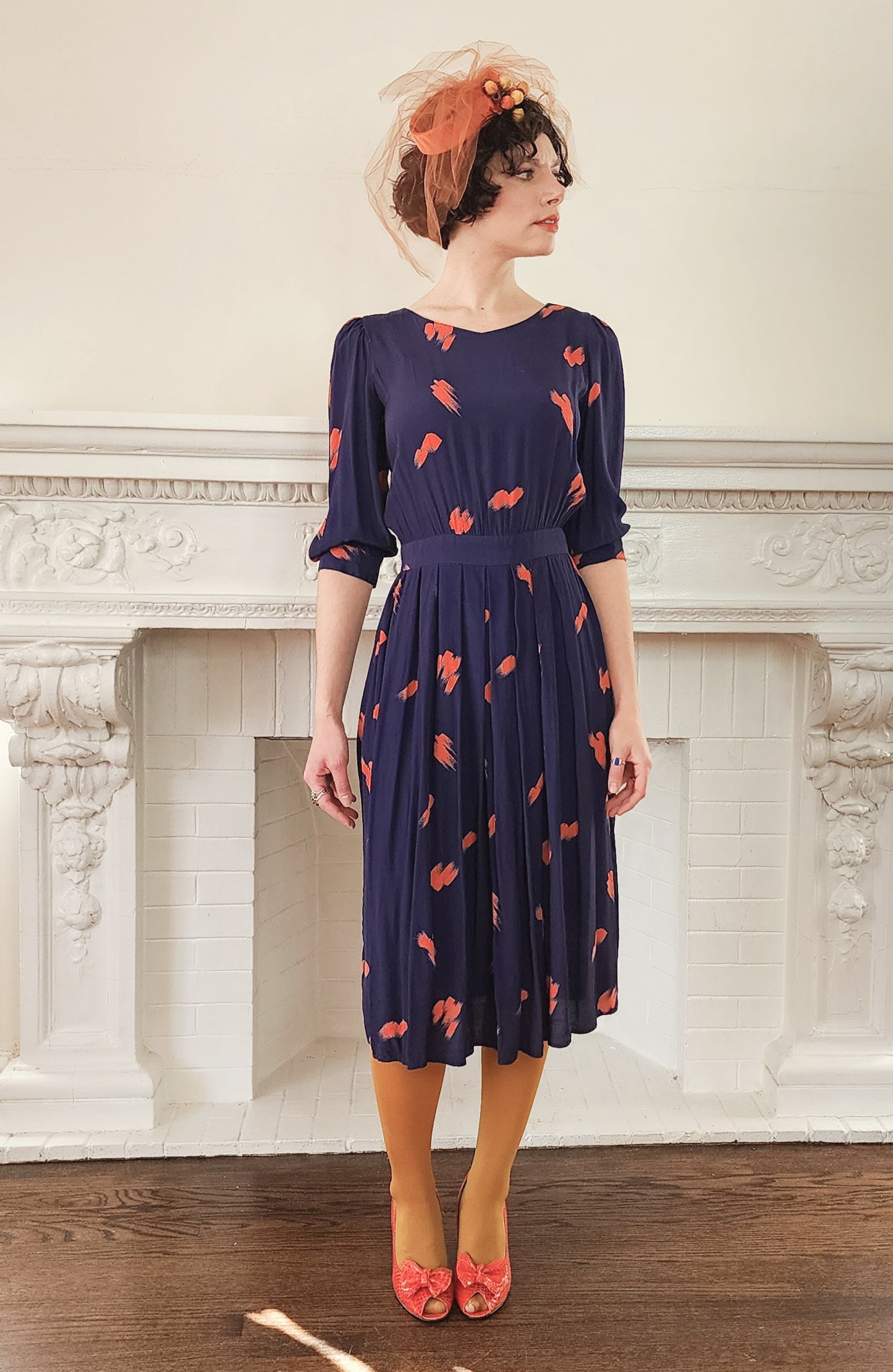 80s Does 40s Rayon Print Dress in Navy Blue and Coral Orange / S