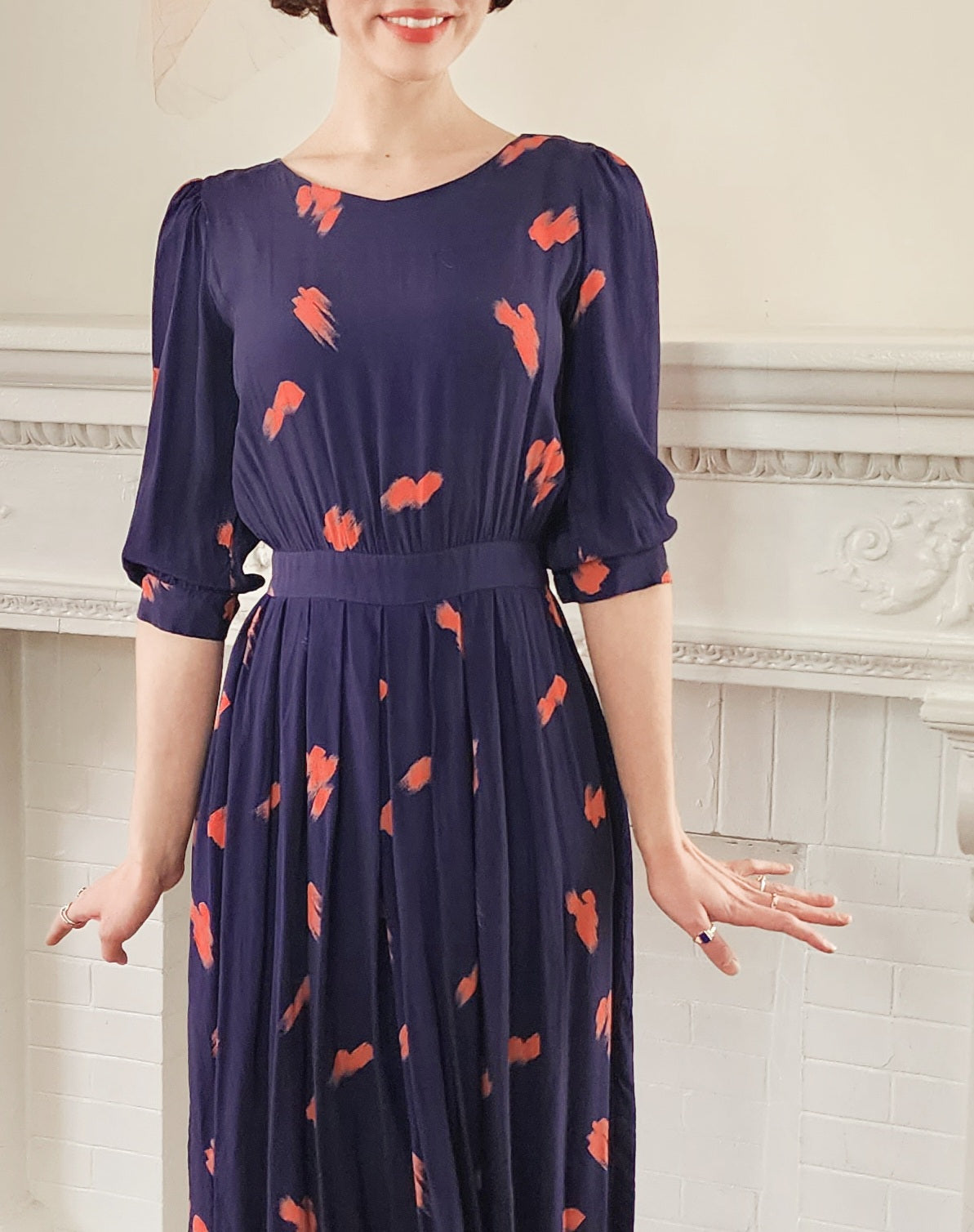 80s Does 40s Rayon Print Dress in Navy Blue and Coral Orange / S