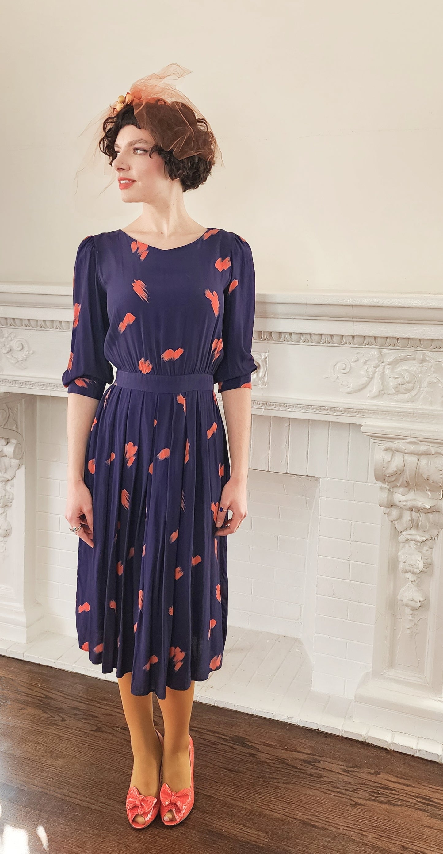 80s Does 40s Rayon Print Dress in Navy Blue and Coral Orange / S