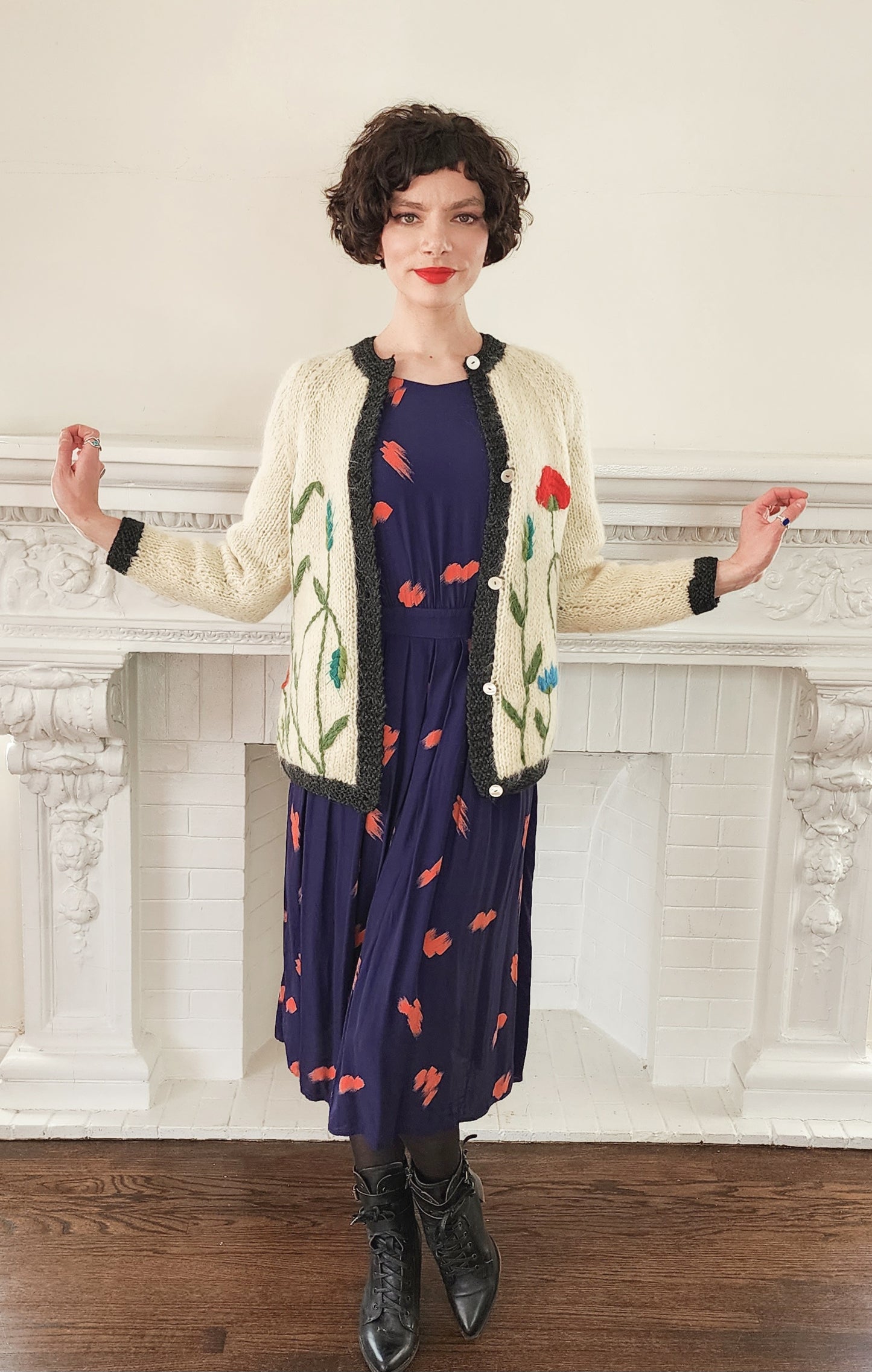 1960s Handknit Cardigan Cream Wool Blend Colorful Garden Flowers James Kenrob M