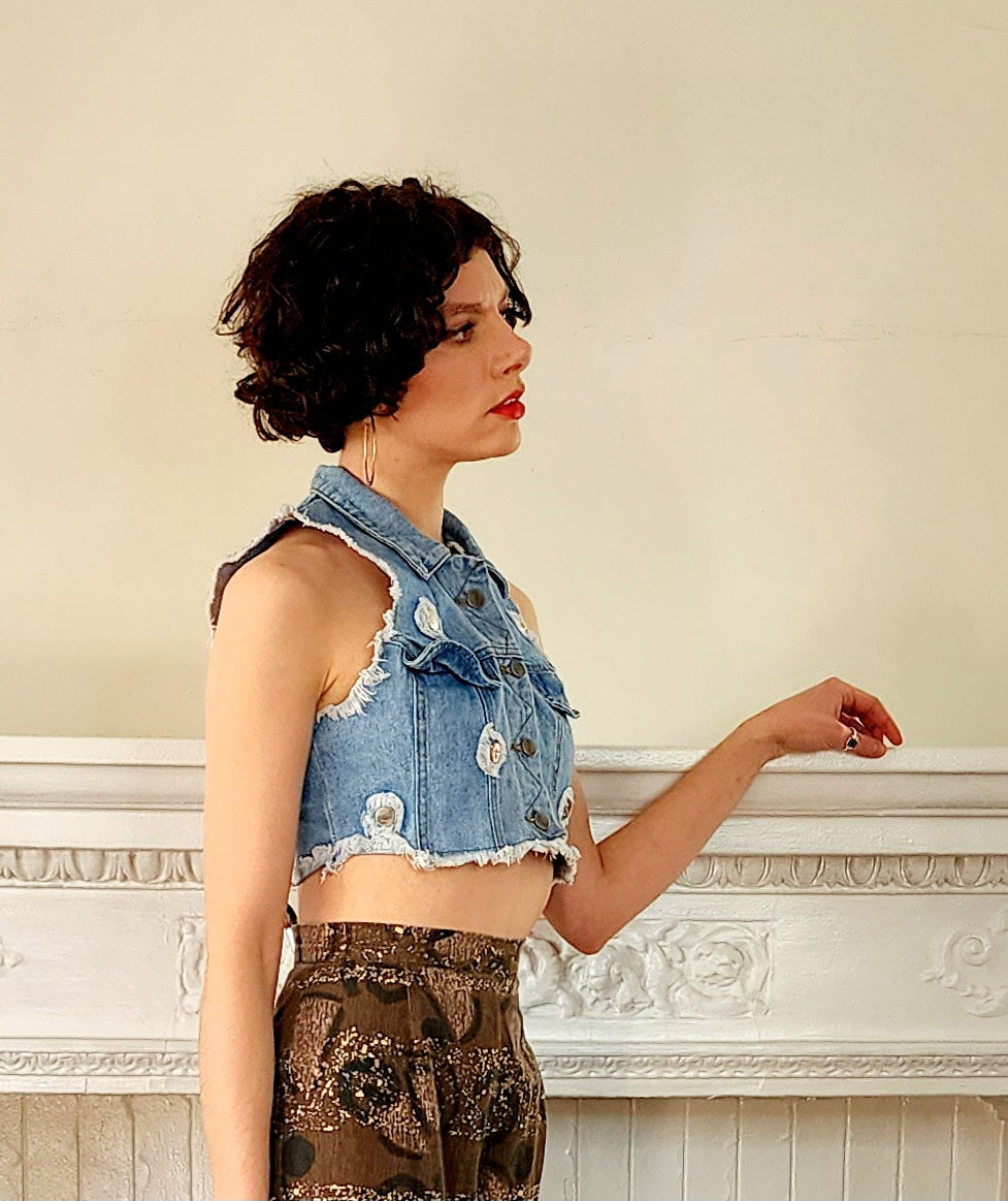 80s Denim Crop Top Vest in Distressed Blue Jean Cotton by Venus Attitudes / S