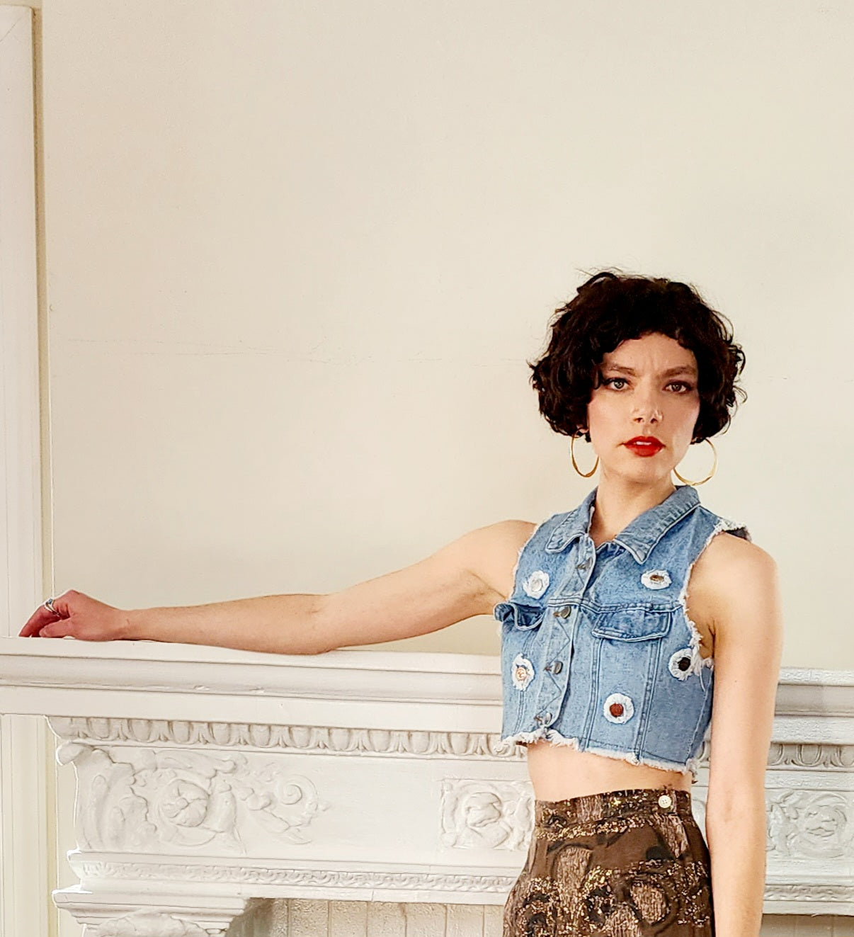 80s Denim Crop Top Vest in Distressed Blue Jean Cotton by Venus Attitudes / S