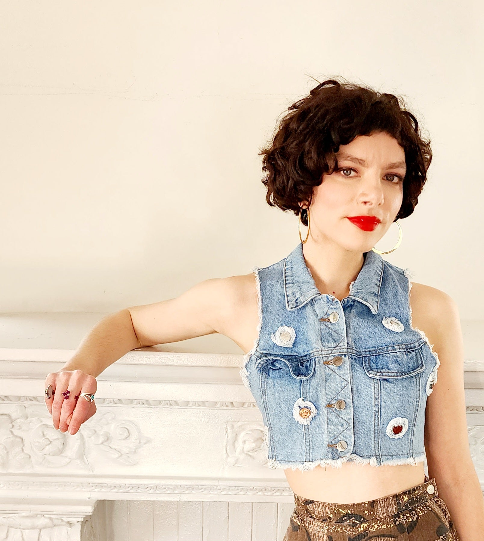 80s Denim Crop Top Vest in Distressed Blue Jean Cotton by Venus