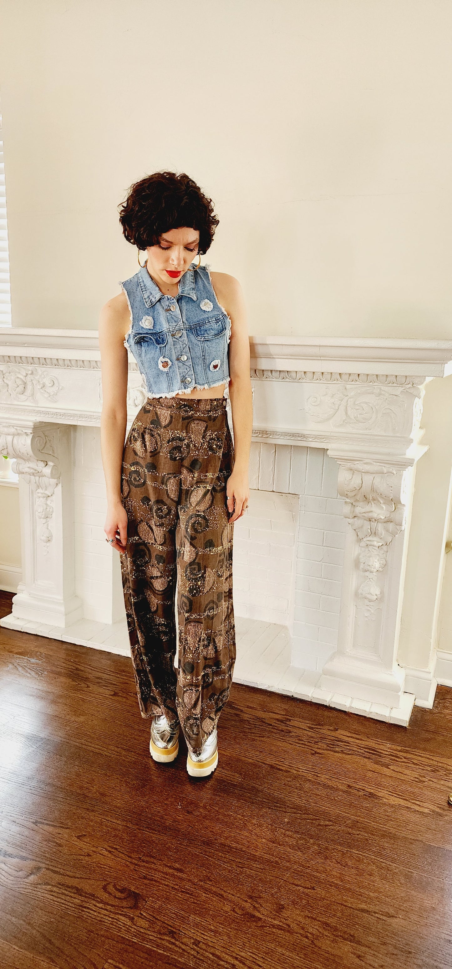 90s Does 60s Rayon Blend Print Pants, Wide-leg in Brown Black Cream / Medium