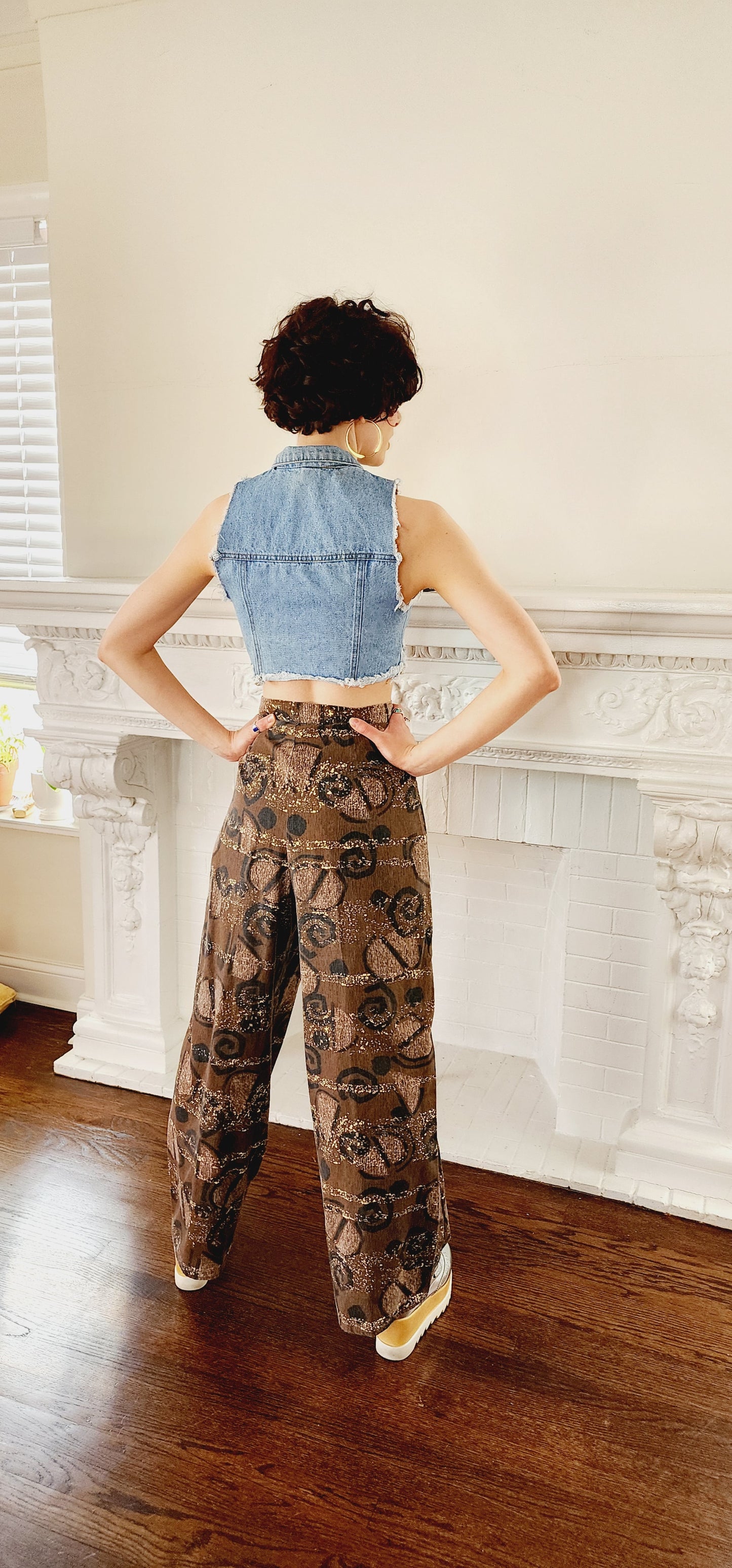 90s Does 60s Rayon Blend Print Pants, Wide-leg in Brown Black Cream / Medium