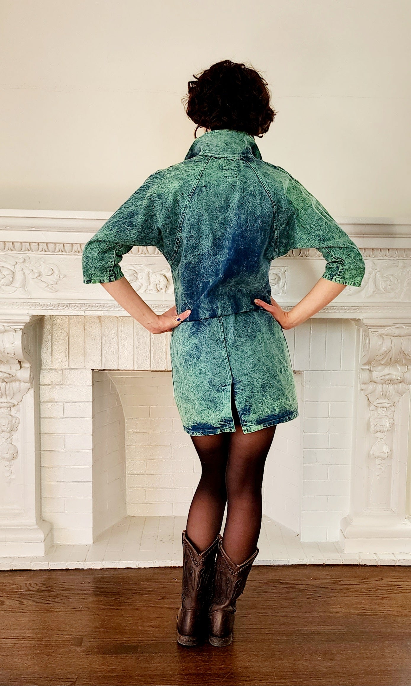 1980s Acid Wash Denim Dress Button Down Front / 80s Blue Jeans Dress Dolman Sleeves Drop Waist / Cut it Out Small