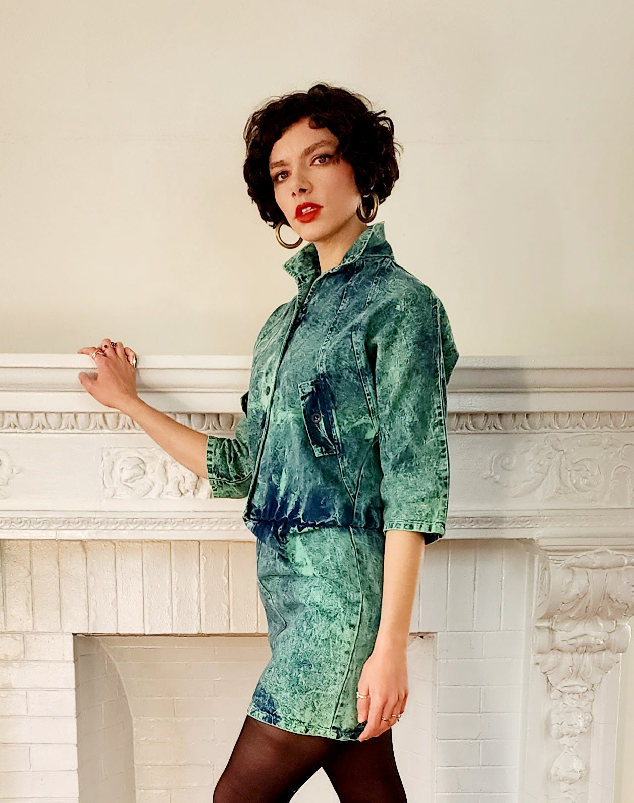 1980s Acid Wash Denim Dress Button Down Front / 80s Blue Jeans Dress Dolman Sleeves Drop Waist / Cut it Out Small