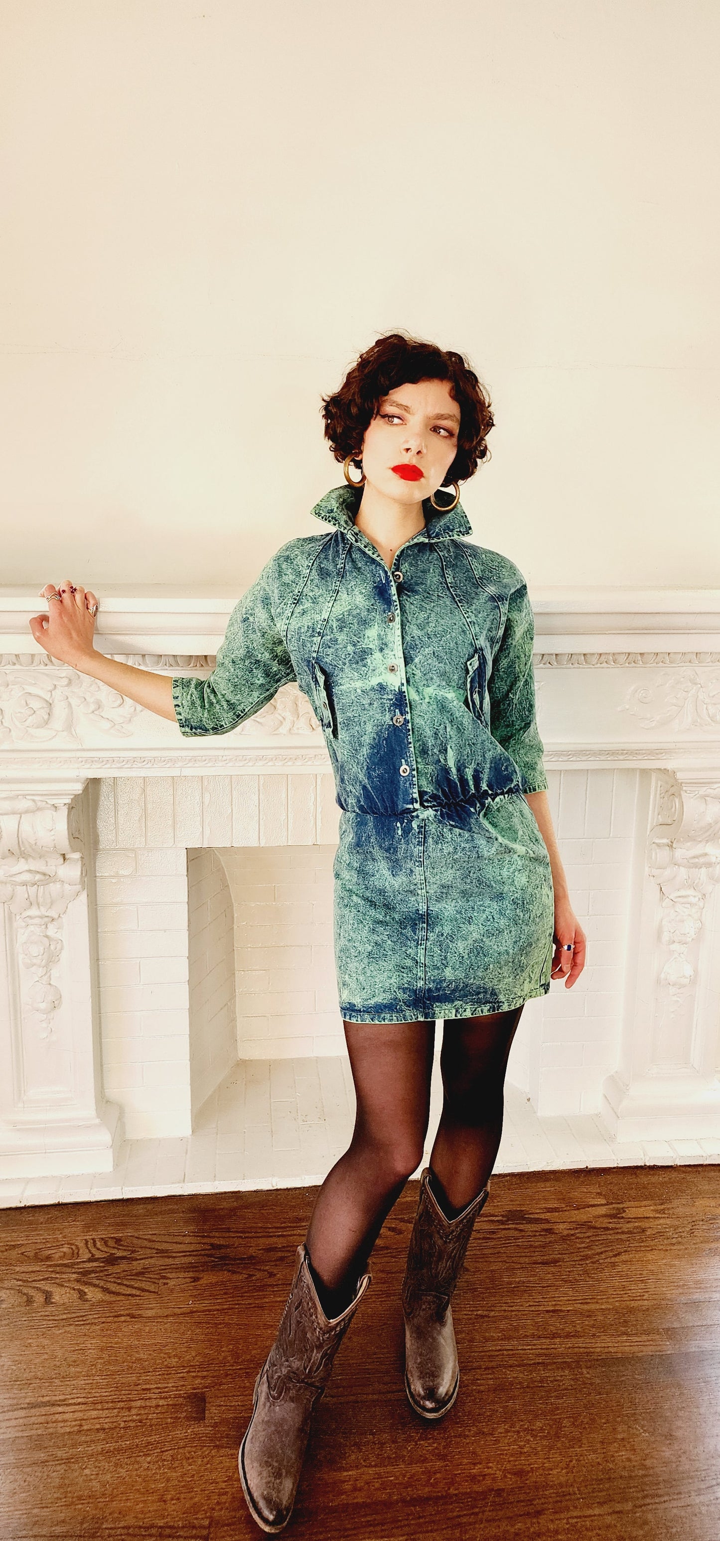 1980s Acid Wash Denim Dress Button Down Front / 80s Blue Jeans Dress Dolman Sleeves Drop Waist / Cut it Out Small