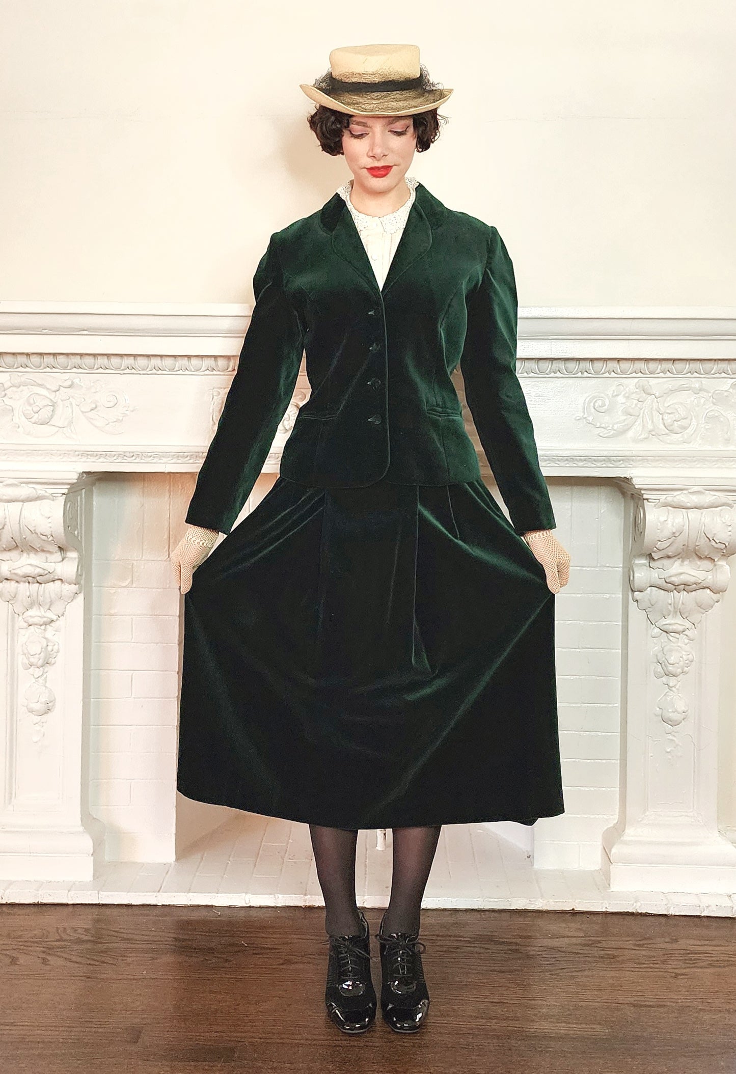 80s Laura Ashley Skirt Suit in Green Velvet, Midi Length Neo Edwardian Style / S