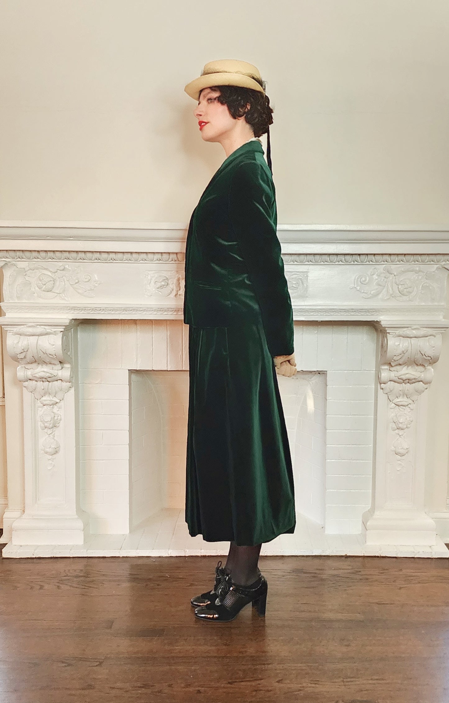 80s Laura Ashley Skirt Suit in Green Velvet, Midi Length Neo Edwardian Style / S