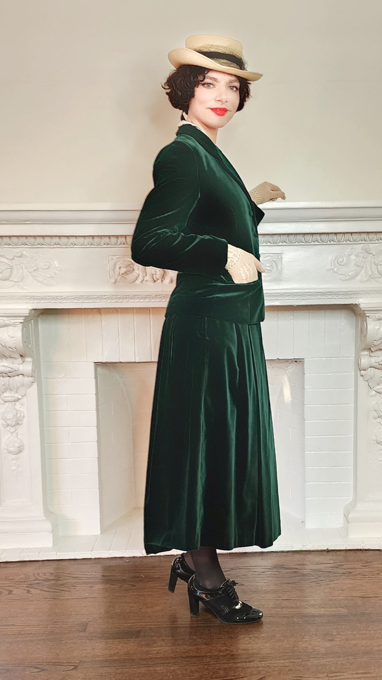 80s Laura Ashley Skirt Suit in Green Velvet, Midi Length Neo Edwardian Style / S