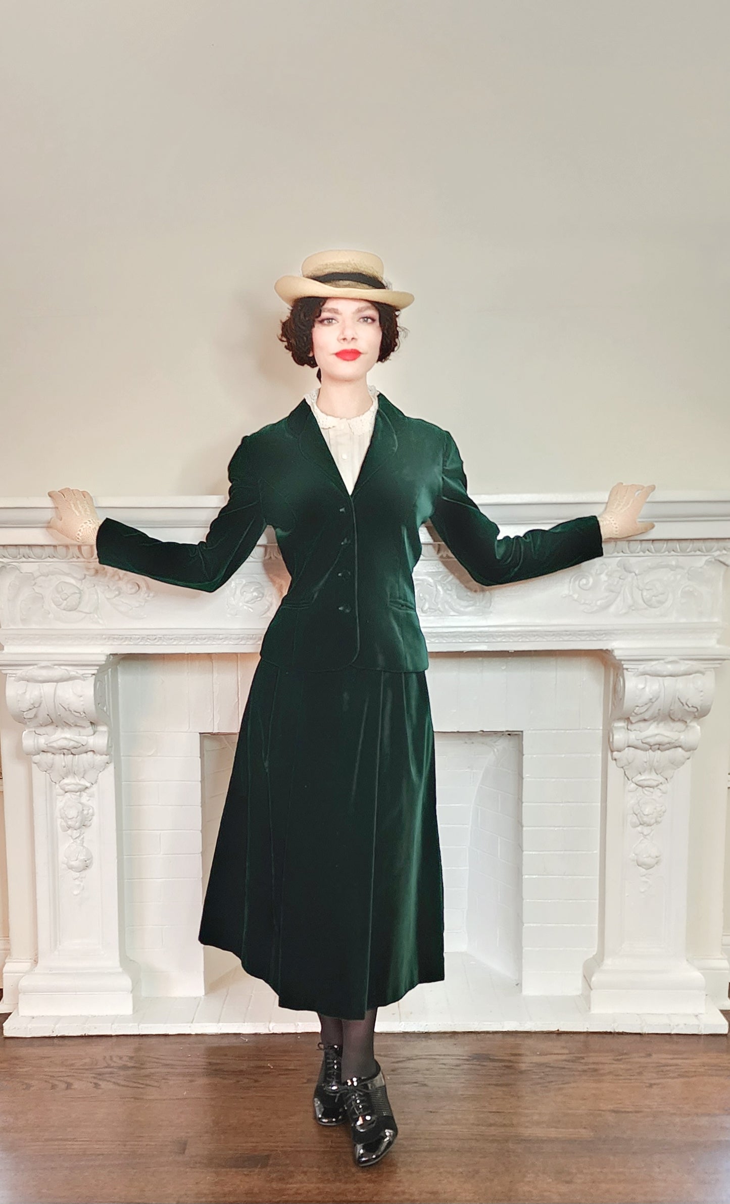80s Laura Ashley Skirt Suit in Green Velvet, Midi Length Neo Edwardian Style / S