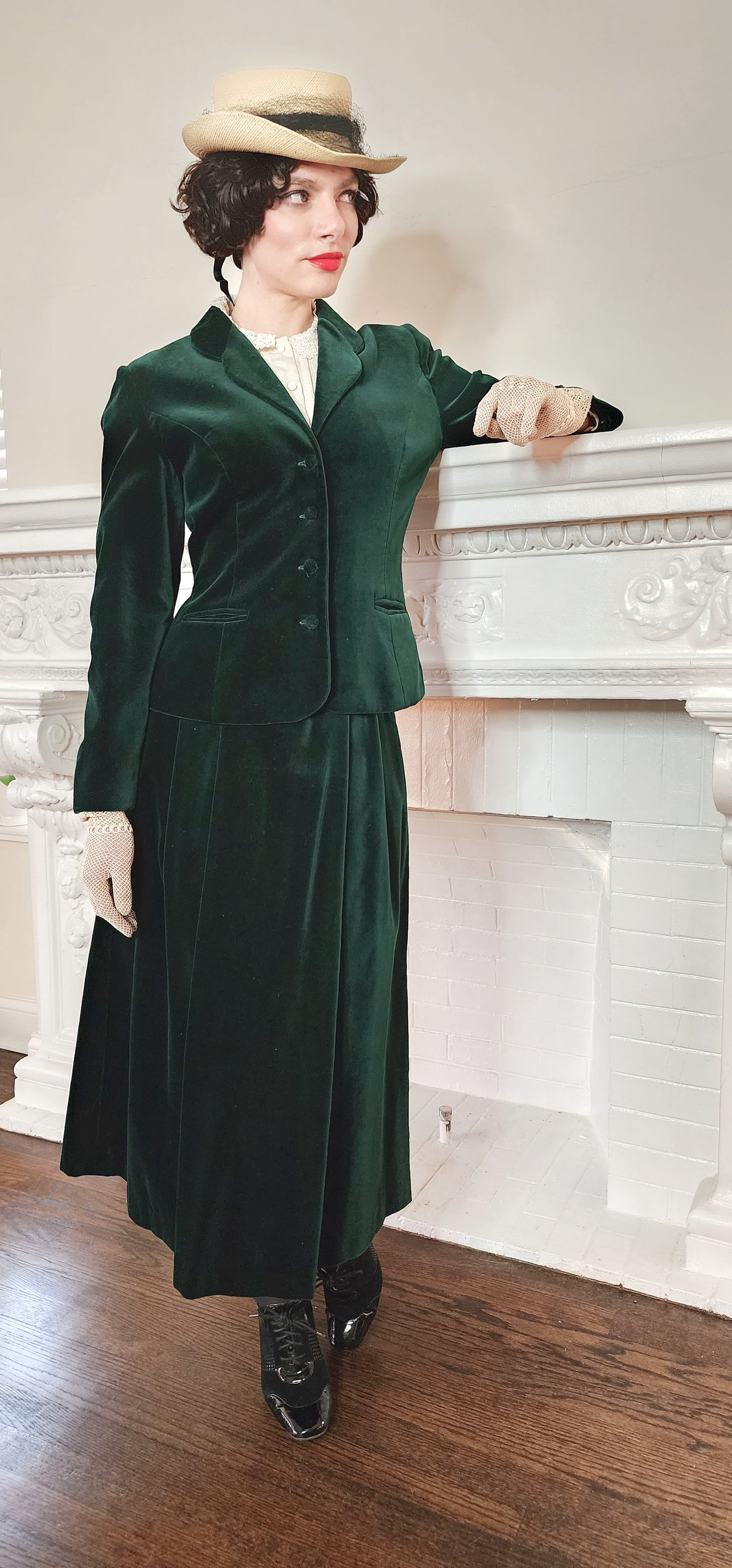 80s Laura Ashley Skirt Suit in Green Velvet, Midi Length Neo Edwardian Style / S