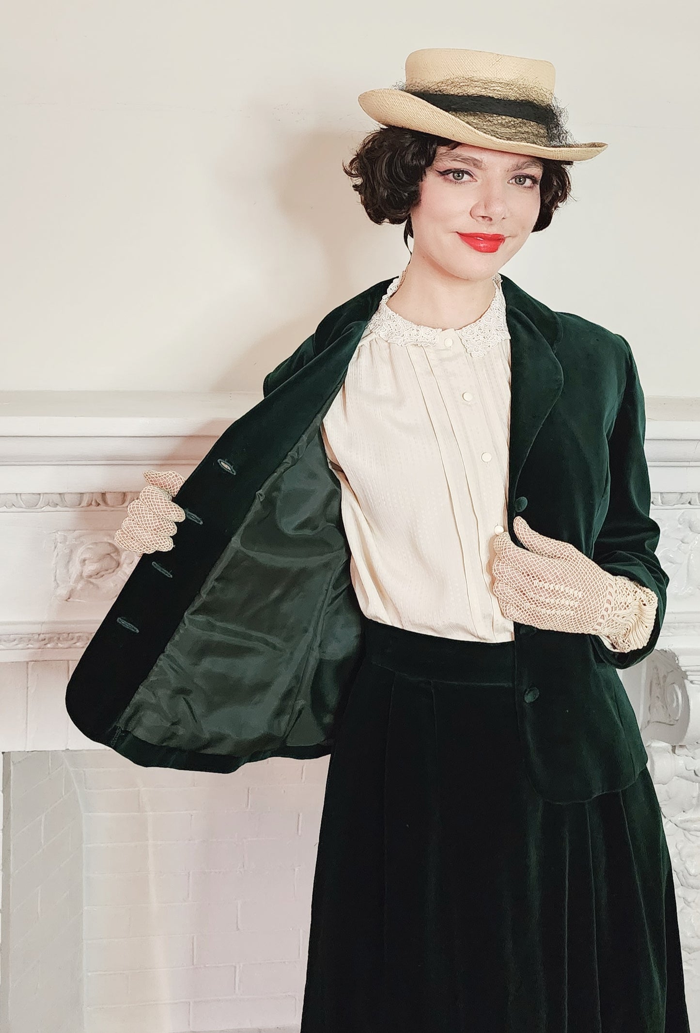 80s Laura Ashley Skirt Suit in Green Velvet, Midi Length Neo Edwardian Style / S