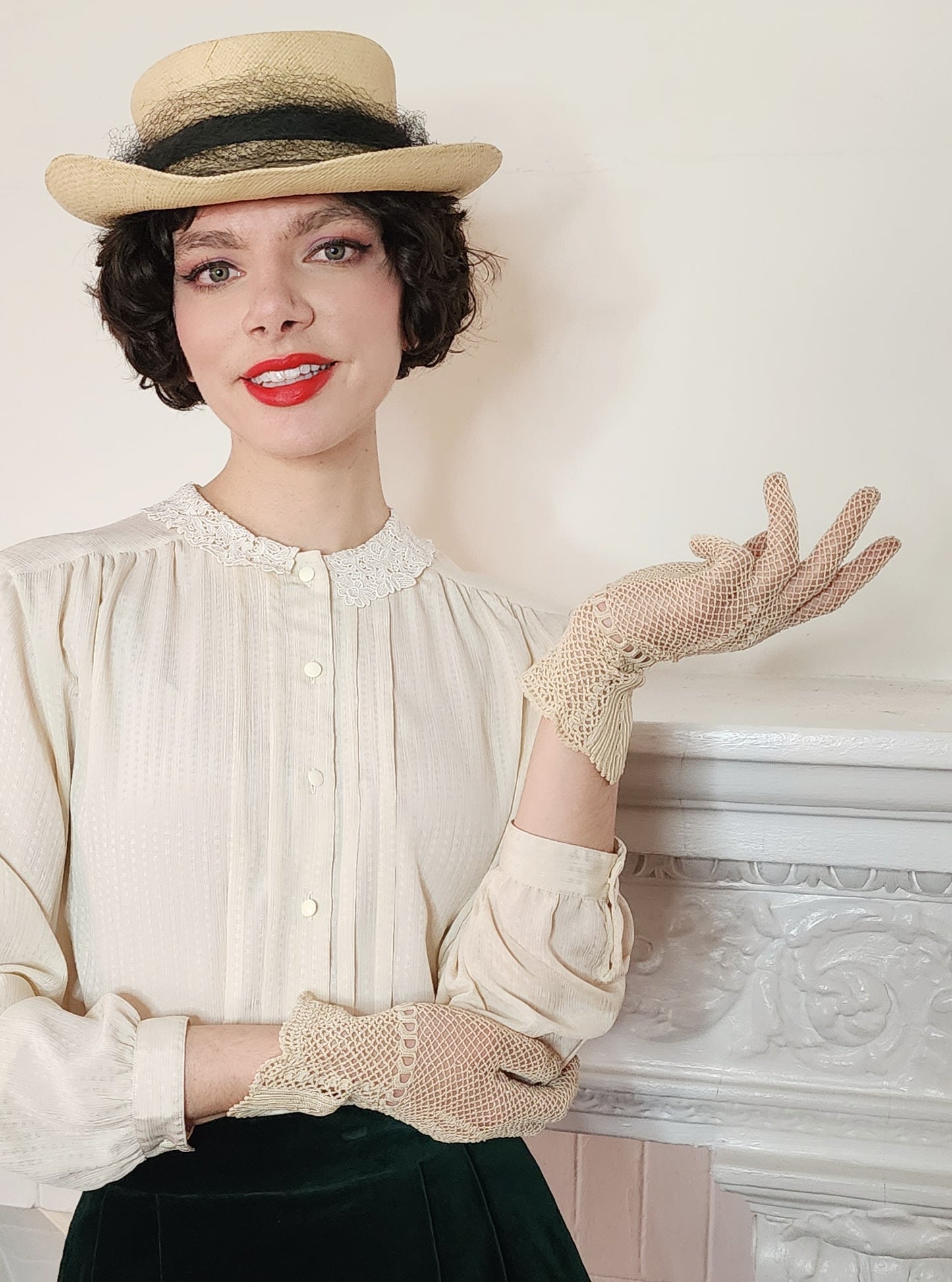 Edwardian Gloves in Cream Crochet, Handknit in Cotton