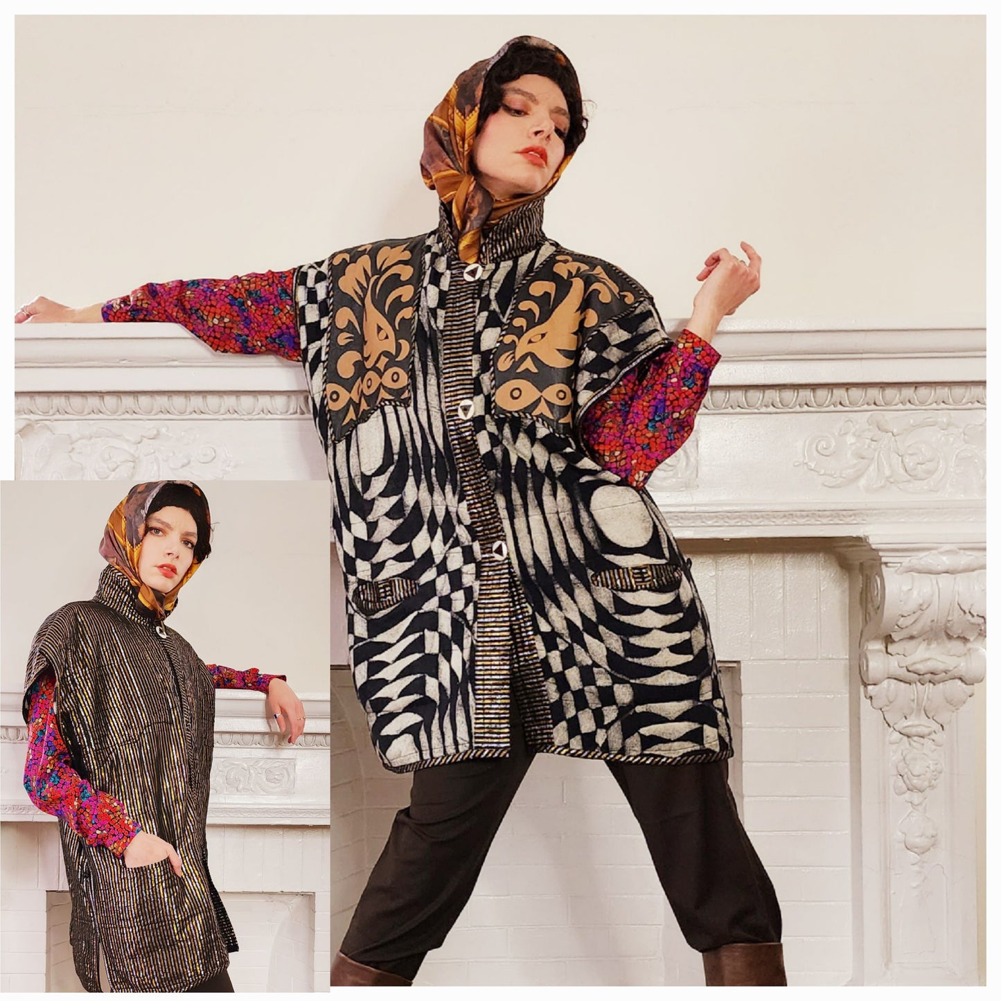 90s Artisinal Handmade Jacket Tunic Vest Reversible in Mixed Media & Leather by Nadya Bali