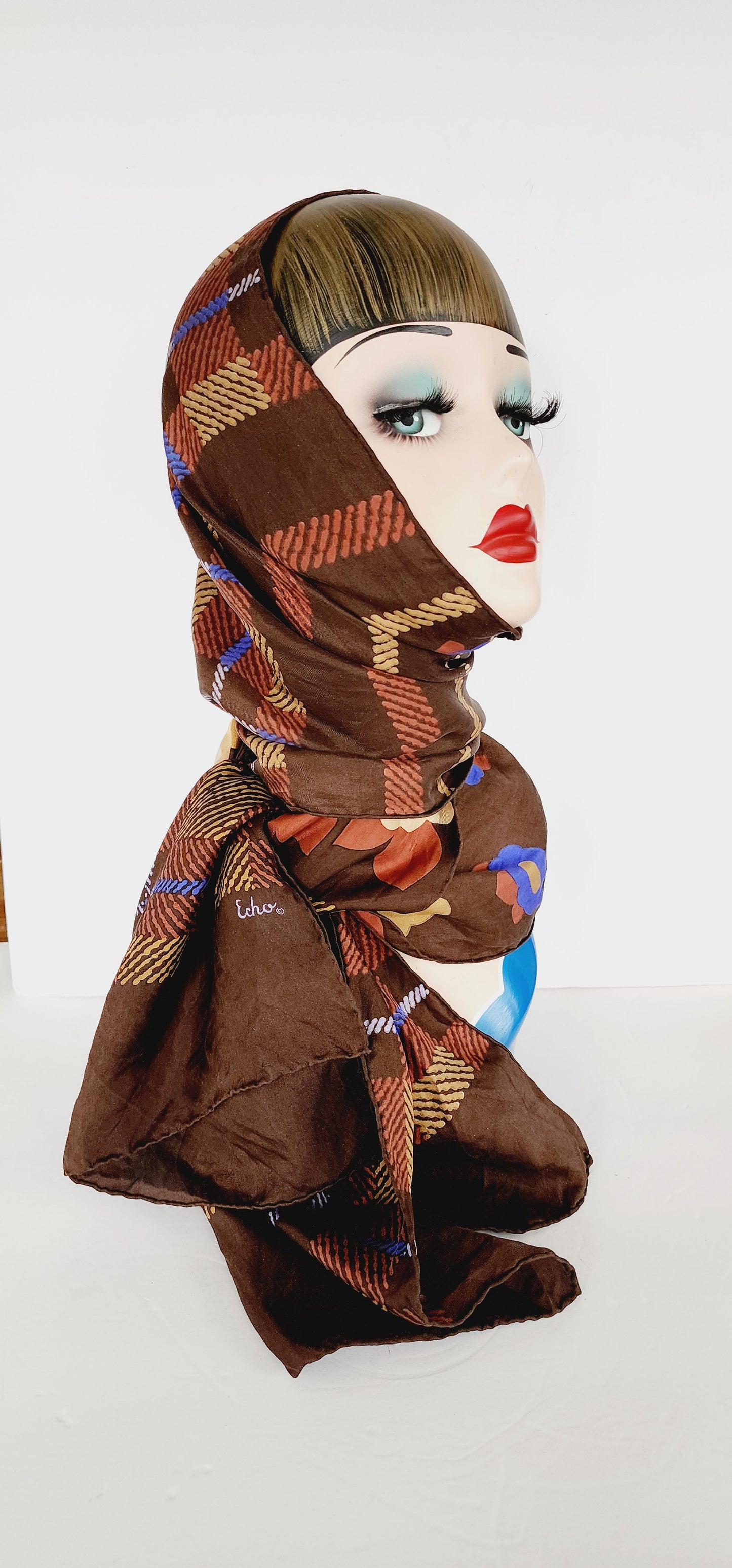 70s Echo Scarf in Silk Print Brown with Blue Flowers and Stripes, Rectangular