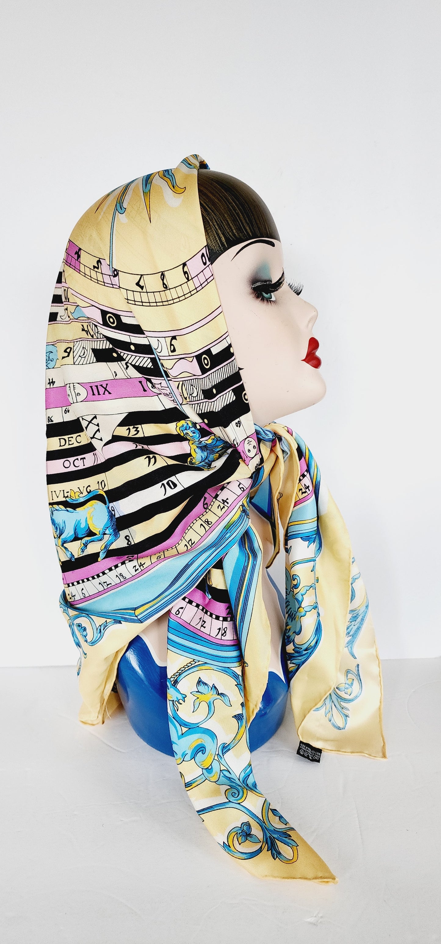 90s Silkprint Scarf w/Horoscope Chart Zodiac Design Yellow Blue Pink