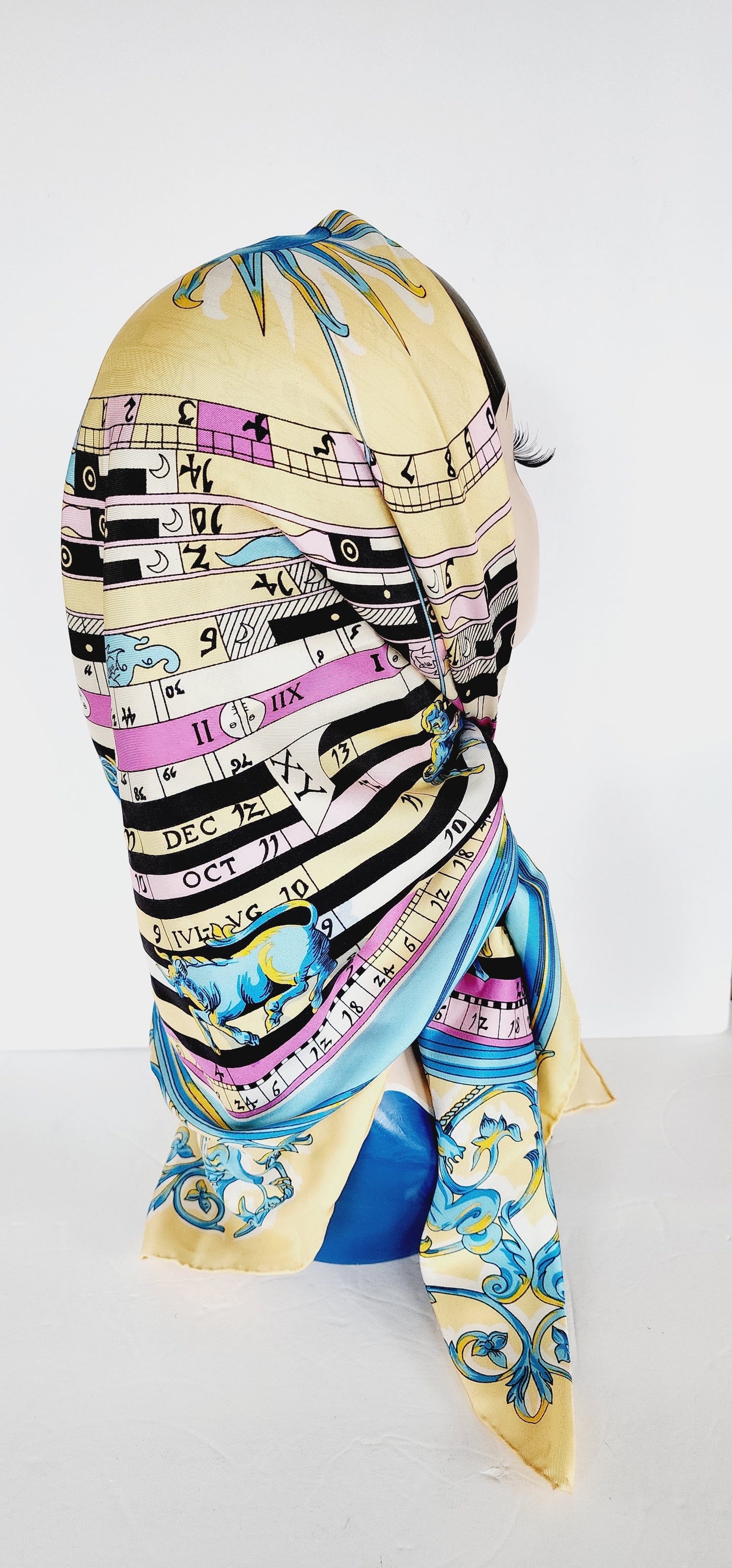 90s Silkprint Scarf w/Horoscope Chart Zodiac Design Yellow Blue Pink