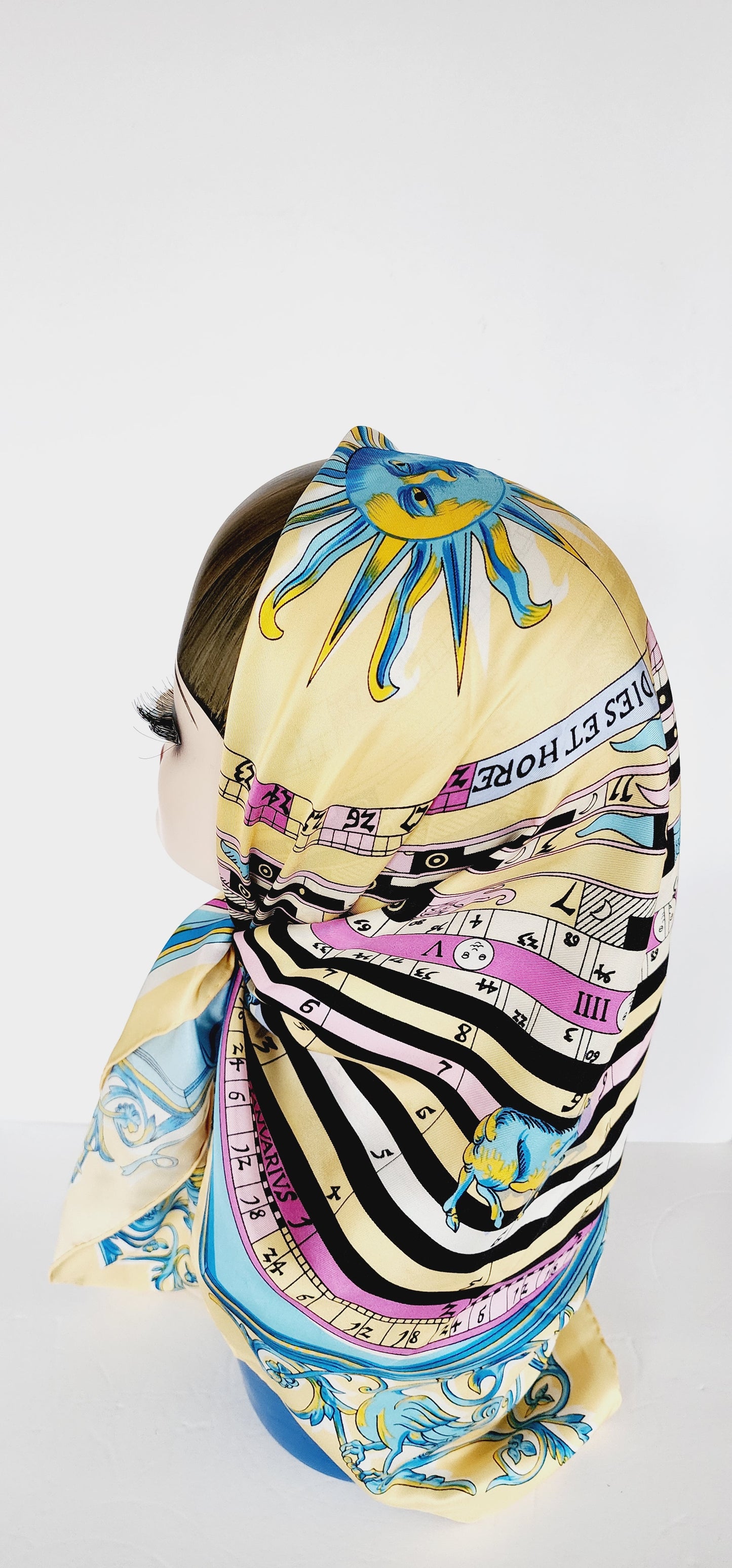 90s Silkprint Scarf w/Horoscope Chart Zodiac Design Yellow Blue Pink
