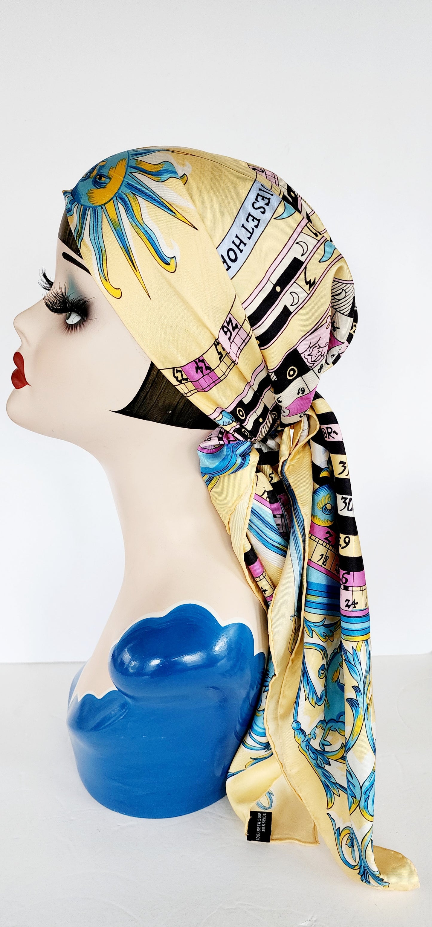 90s Silkprint Scarf w/Horoscope Chart Zodiac Design Yellow Blue Pink