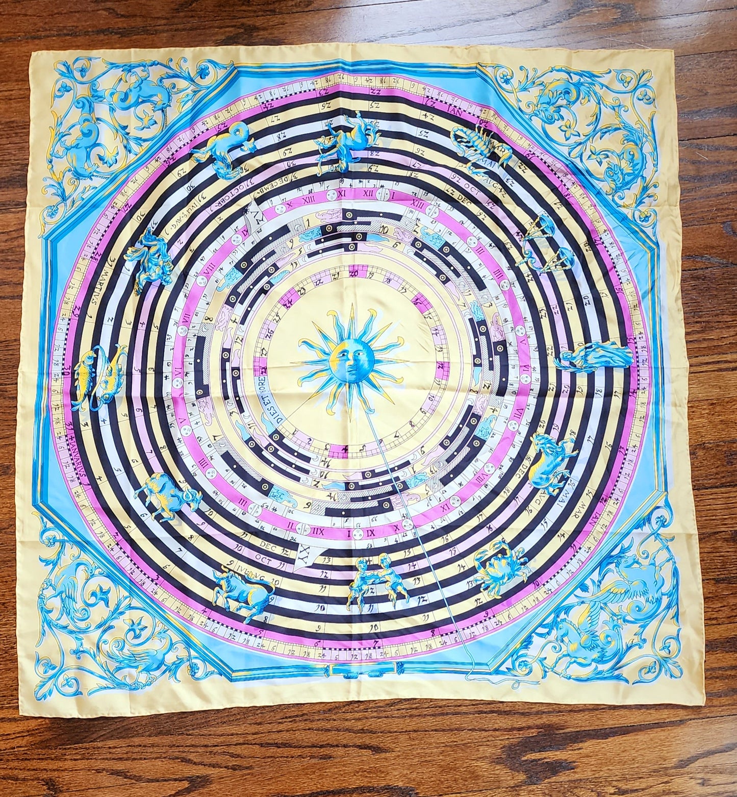 90s Silkprint Scarf w/Horoscope Chart Zodiac Design Yellow Blue Pink