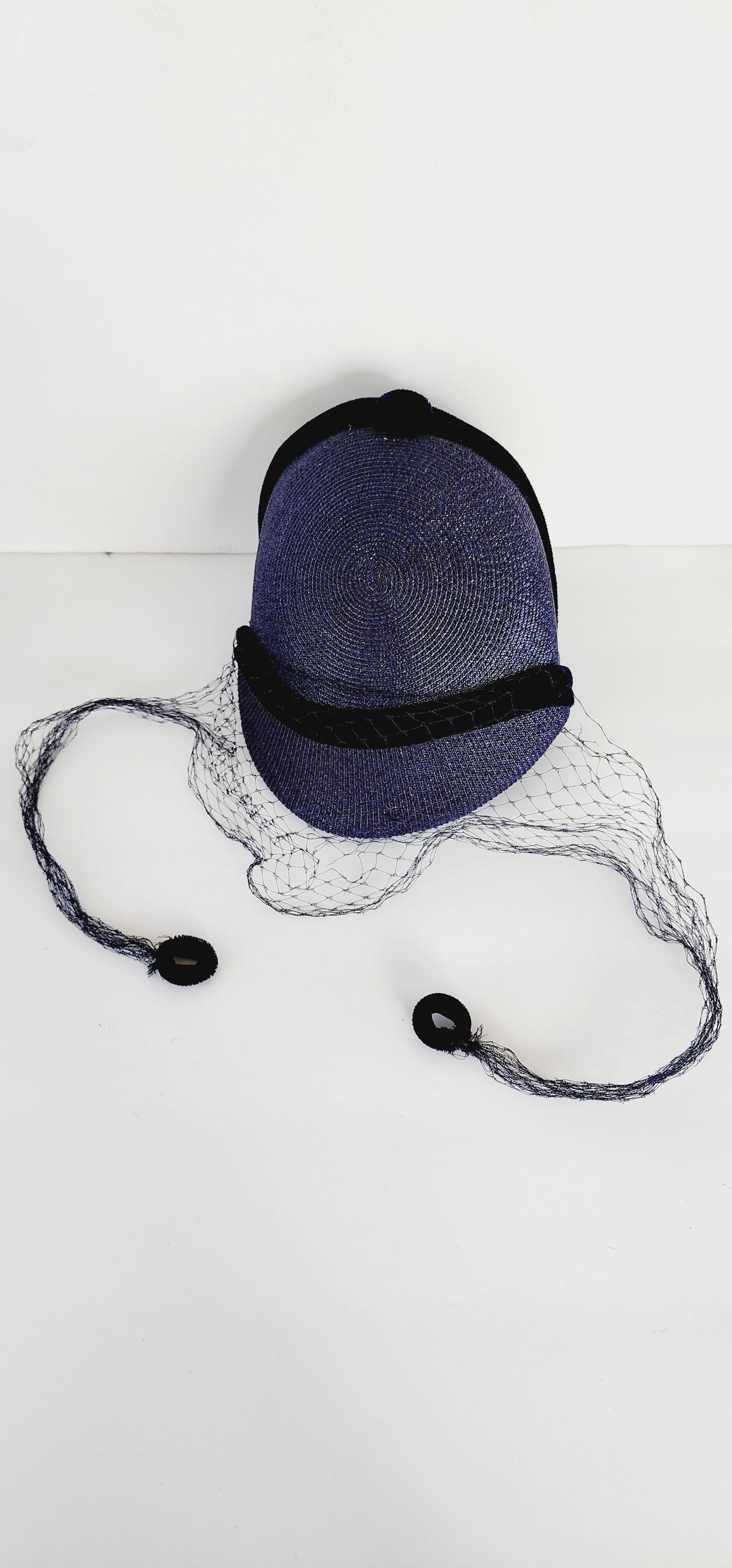 50s Navy Blue Straw Hat in the Close Style w/Velvet and Veil by Marshall Field