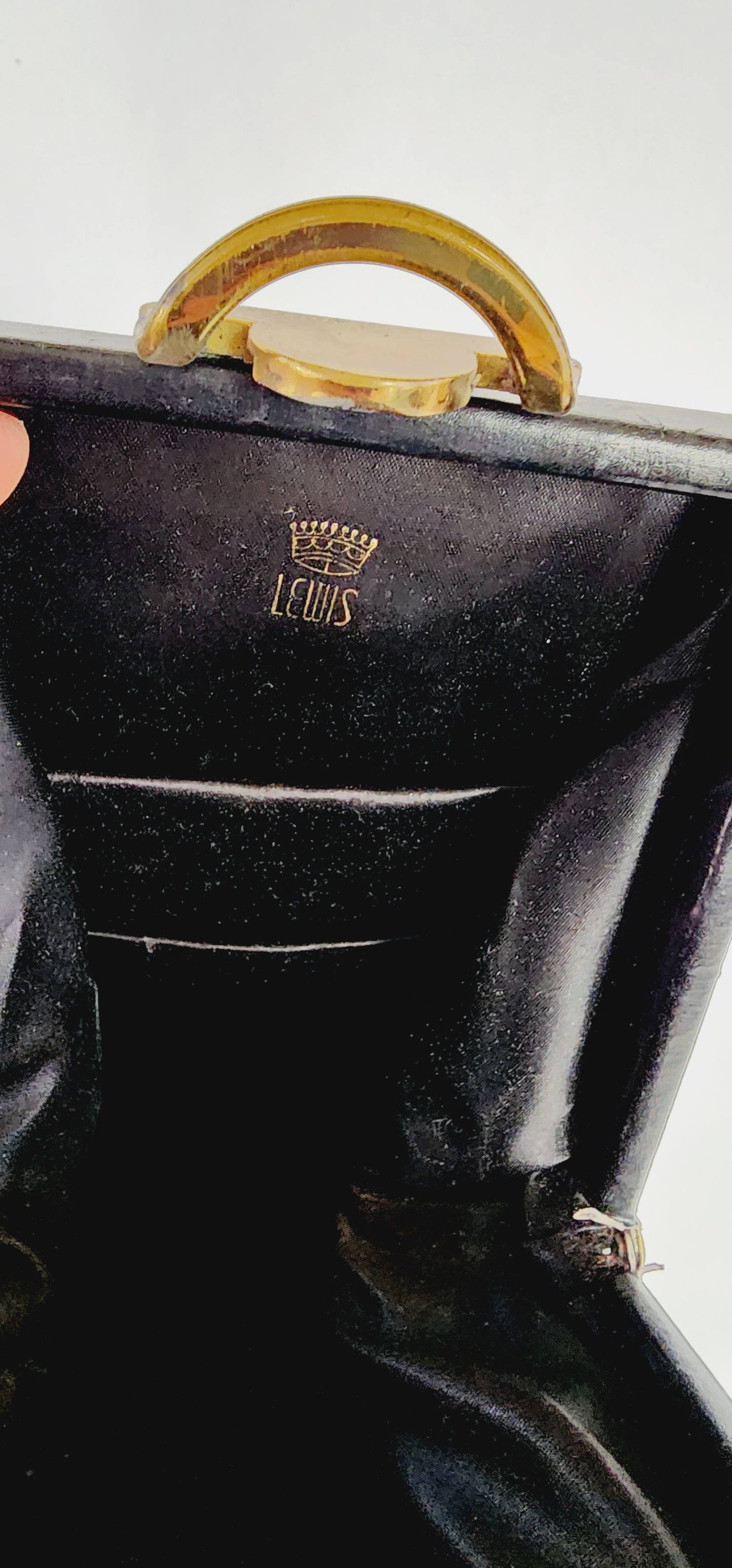 50s Black Patent Leather Bag with Top Handle / Oblong Geometric MCM Modernist Style by Lewis