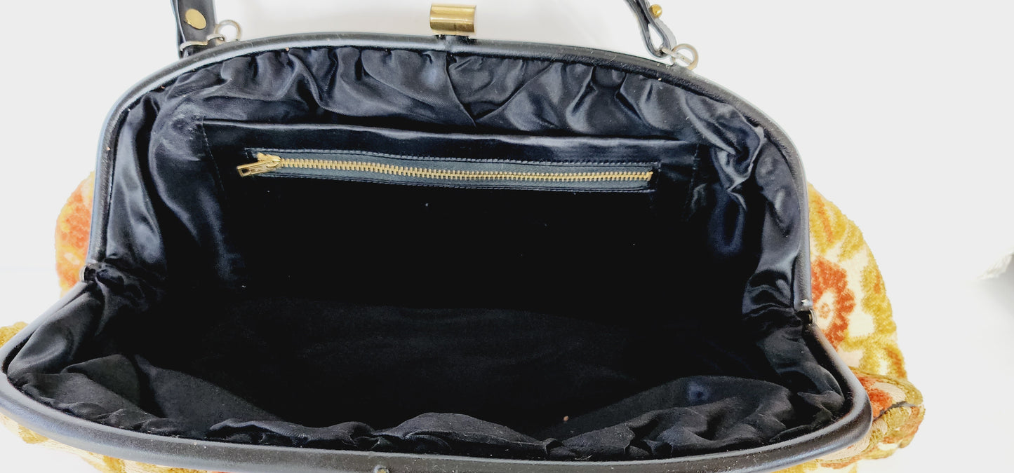 1960s Tapestry Bag Oversized Purse in Beige and Red Flowers