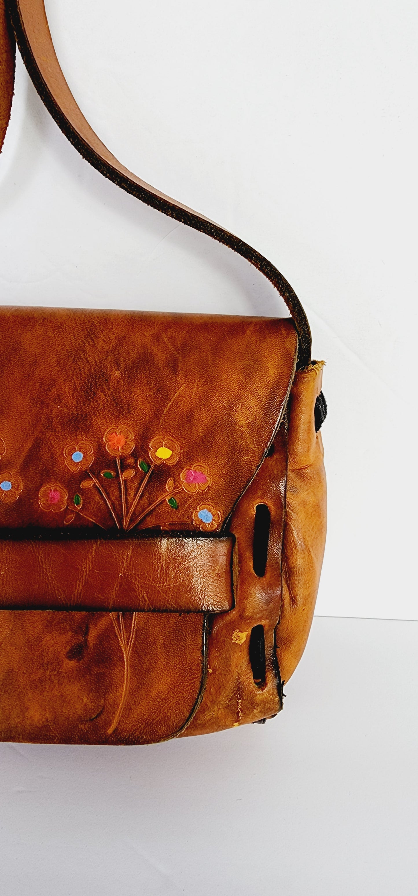 1970s Brown Hippie Shoulder Bag in Distressed Tooled Leather w/Colorful Flowers