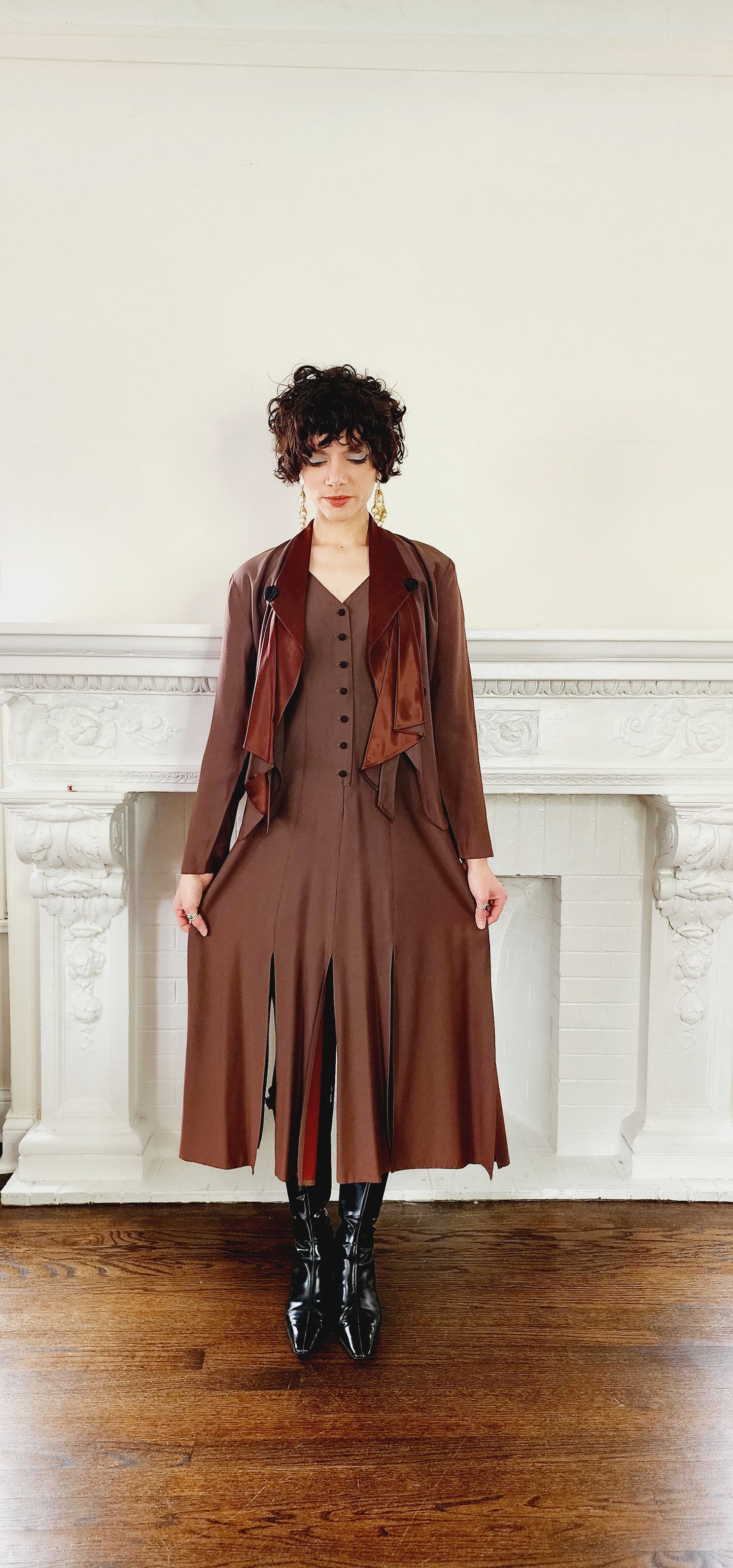 90s Dress Suit by Wild rose in Brown Rayon / Romantic Blazer & Sleeveless Dress Ensemble / M