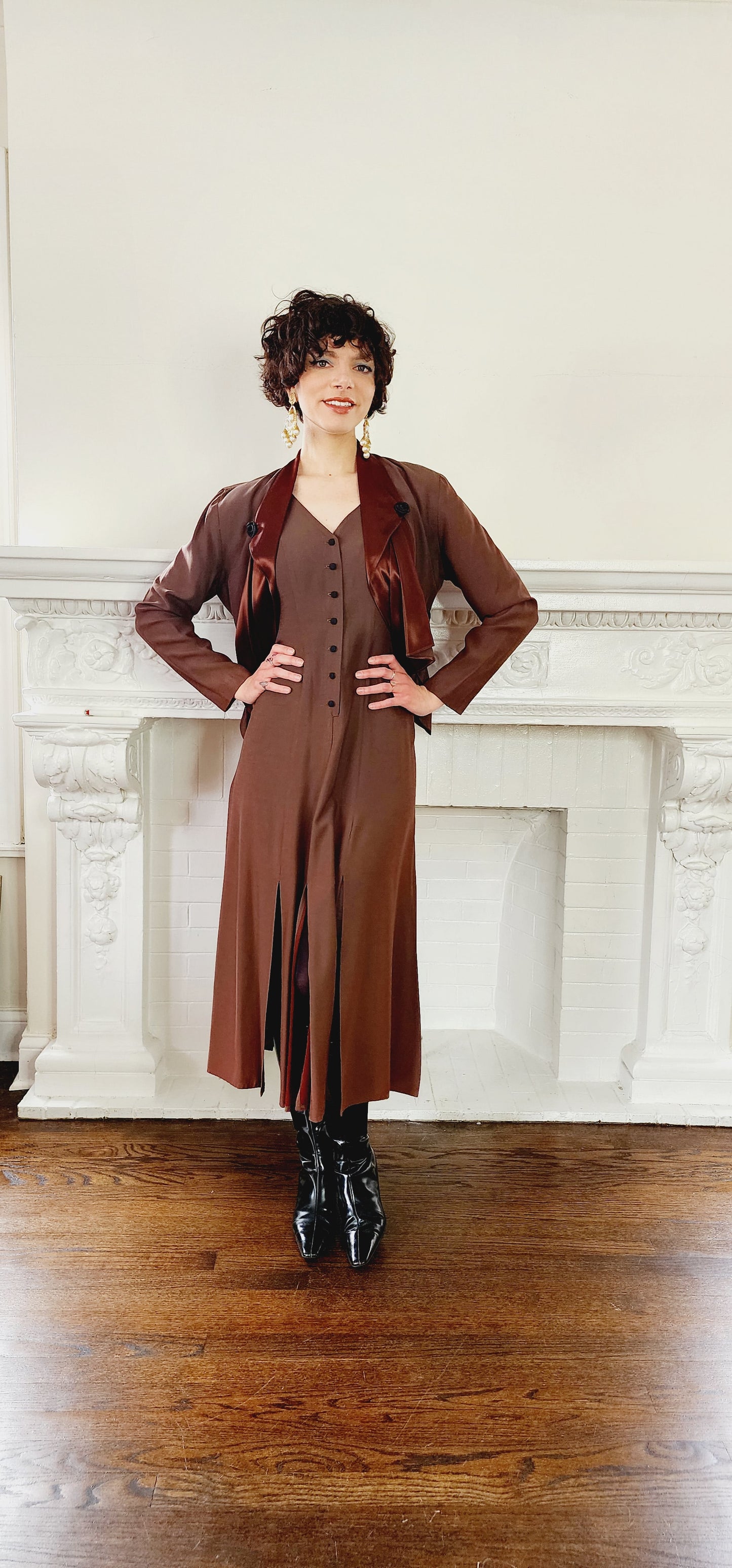 90s Dress Suit by Wild rose in Brown Rayon / Romantic Blazer & Sleeveless Dress Ensemble / M