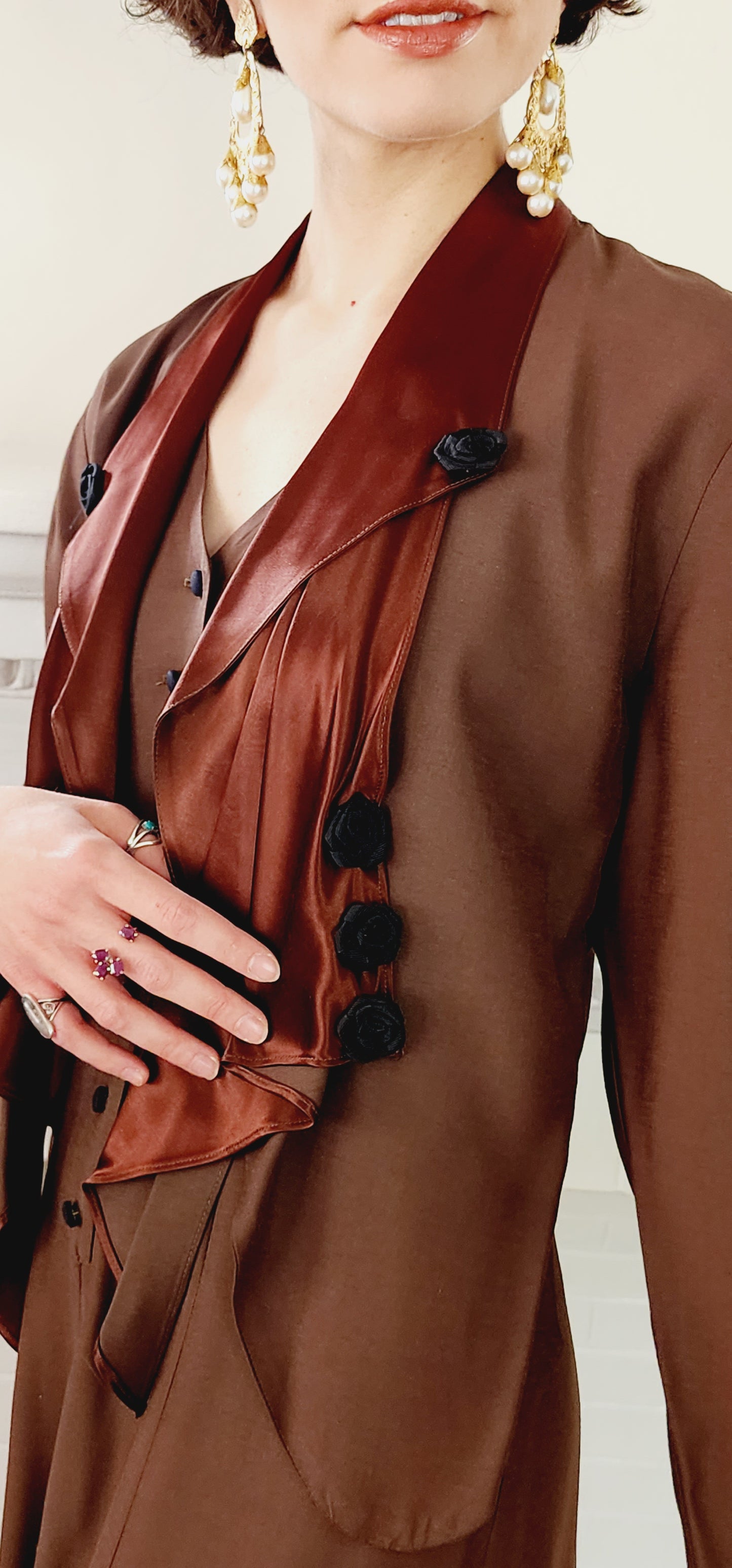 90s Dress Suit by Wild rose in Brown Rayon / Romantic Blazer & Sleeveless Dress Ensemble / M