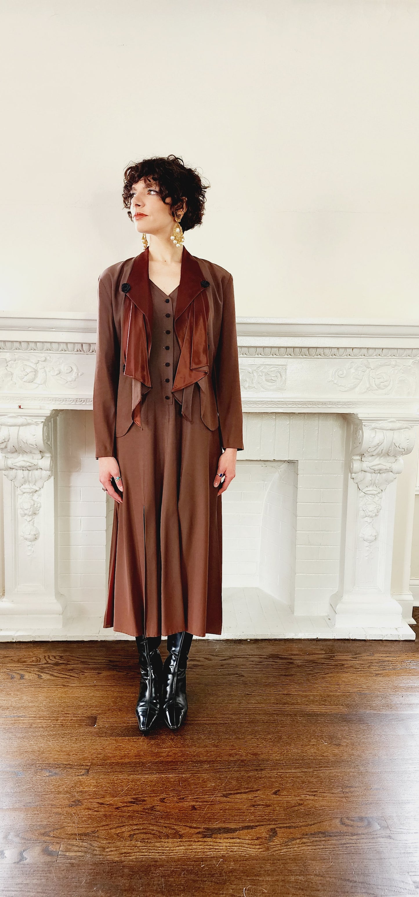 90s Dress Suit by Wild rose in Brown Rayon / Romantic Blazer & Sleeveless Dress Ensemble / M