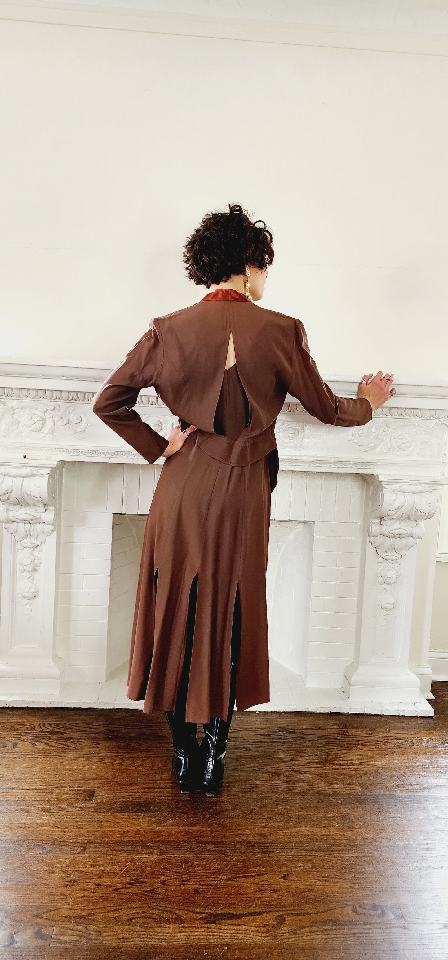 90s Dress Suit by Wild rose in Brown Rayon / Romantic Blazer & Sleeveless Dress Ensemble / M