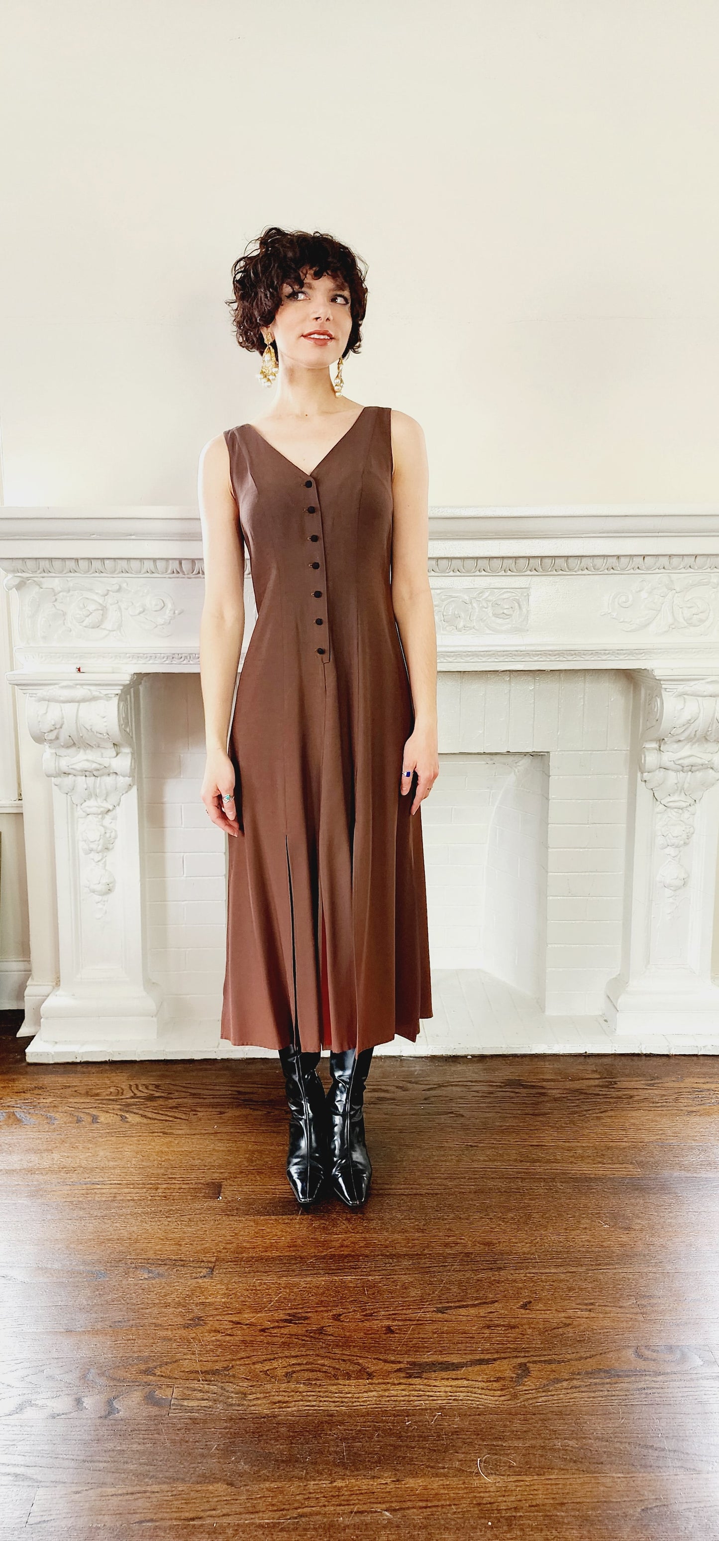 90s Dress Suit by Wild rose in Brown Rayon / Romantic Blazer & Sleeveless Dress Ensemble / M