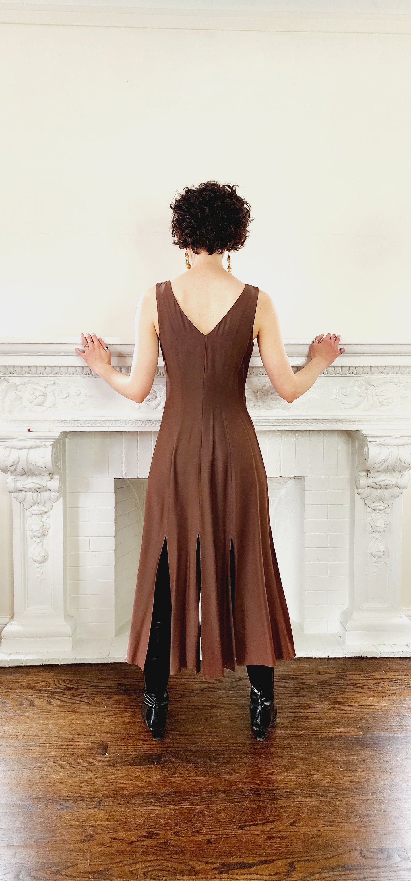 90s Dress Suit by Wild rose in Brown Rayon / Romantic Blazer & Sleeveless Dress Ensemble / M