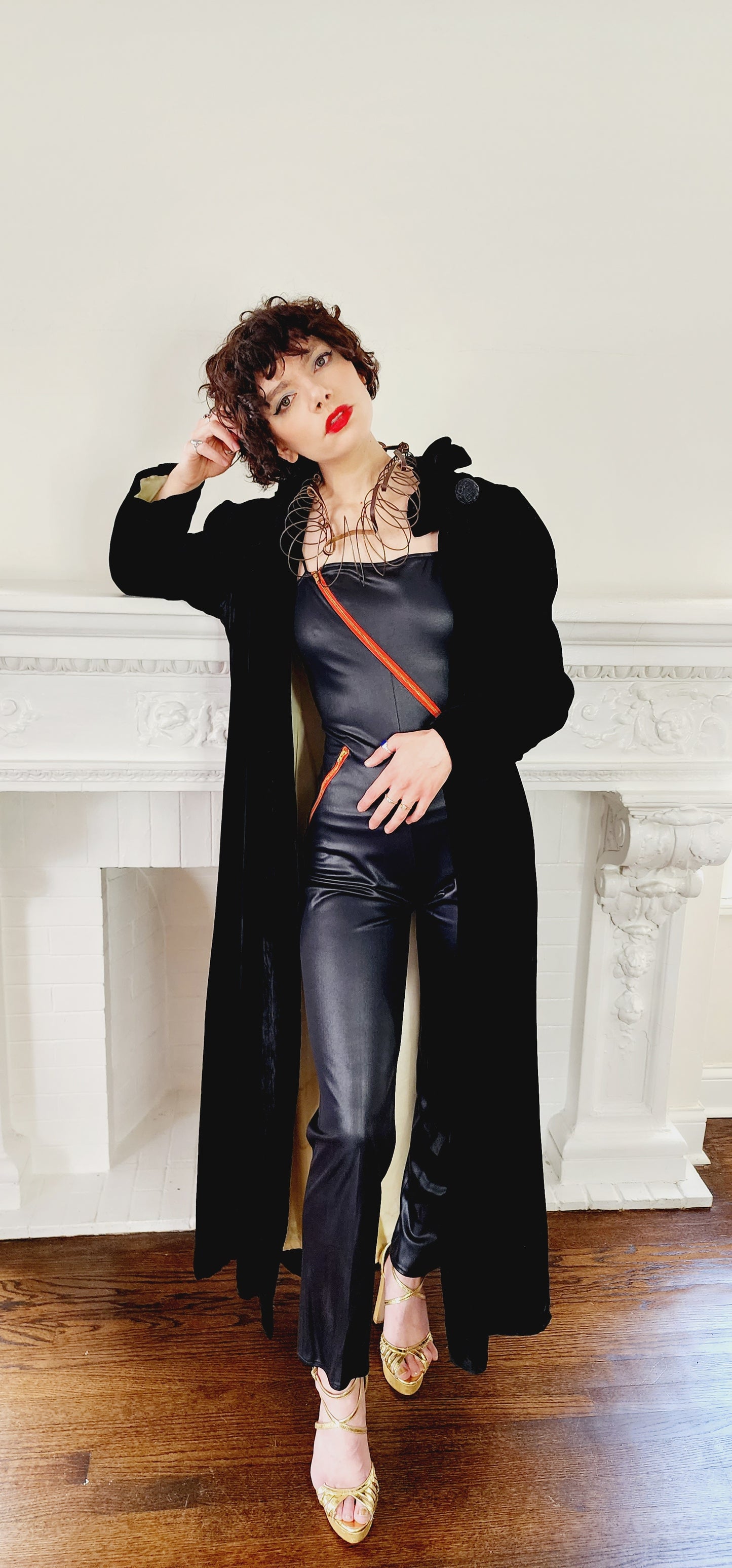 1930s Black Velvet Opera Coat Maxi Length Ruffled Collar / 30s Evening Wm Taylor & Sons M to L / Duteille