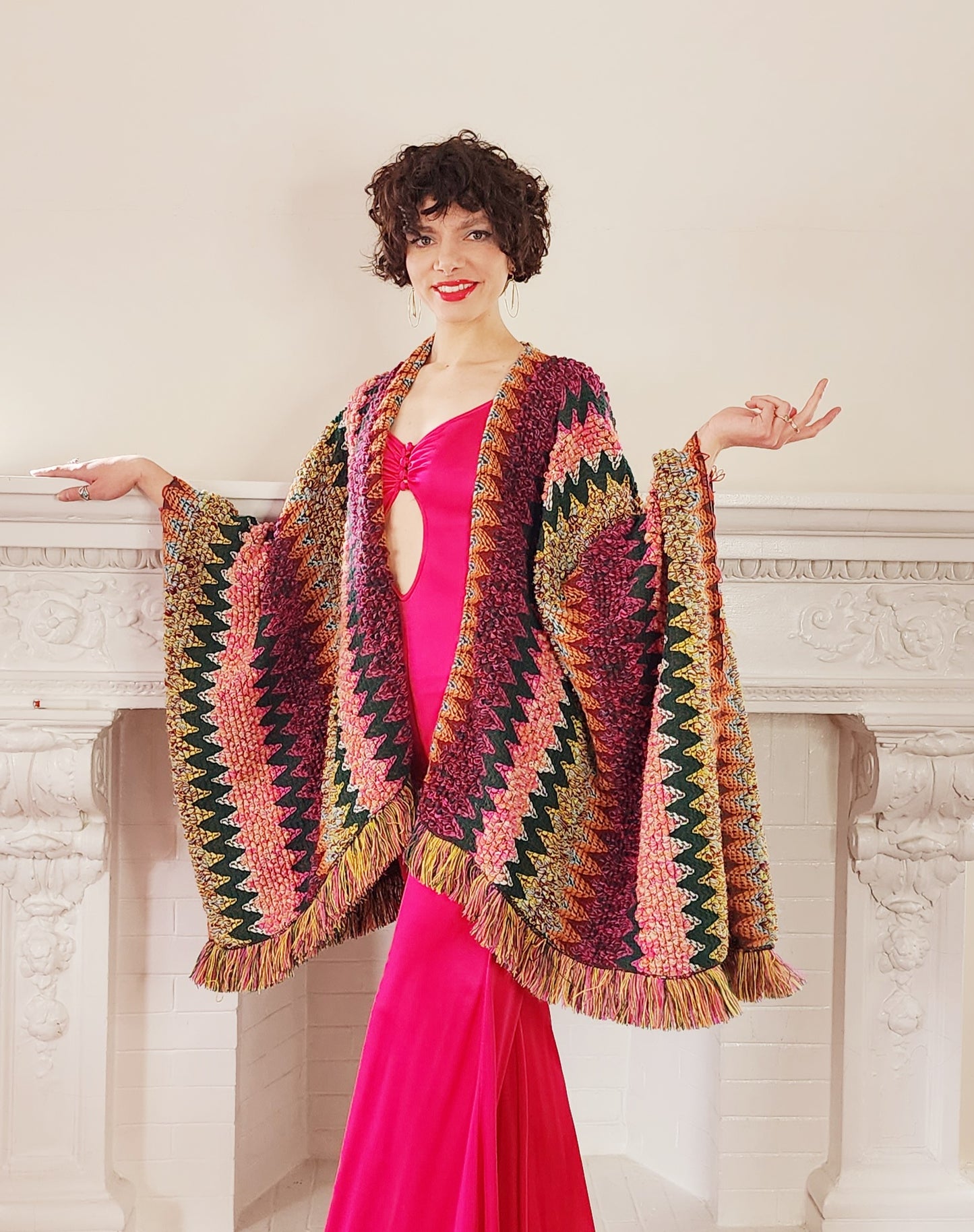 Knit Oversized Poncho in Rainbow Zigzag Pattern in Boho 70s Style