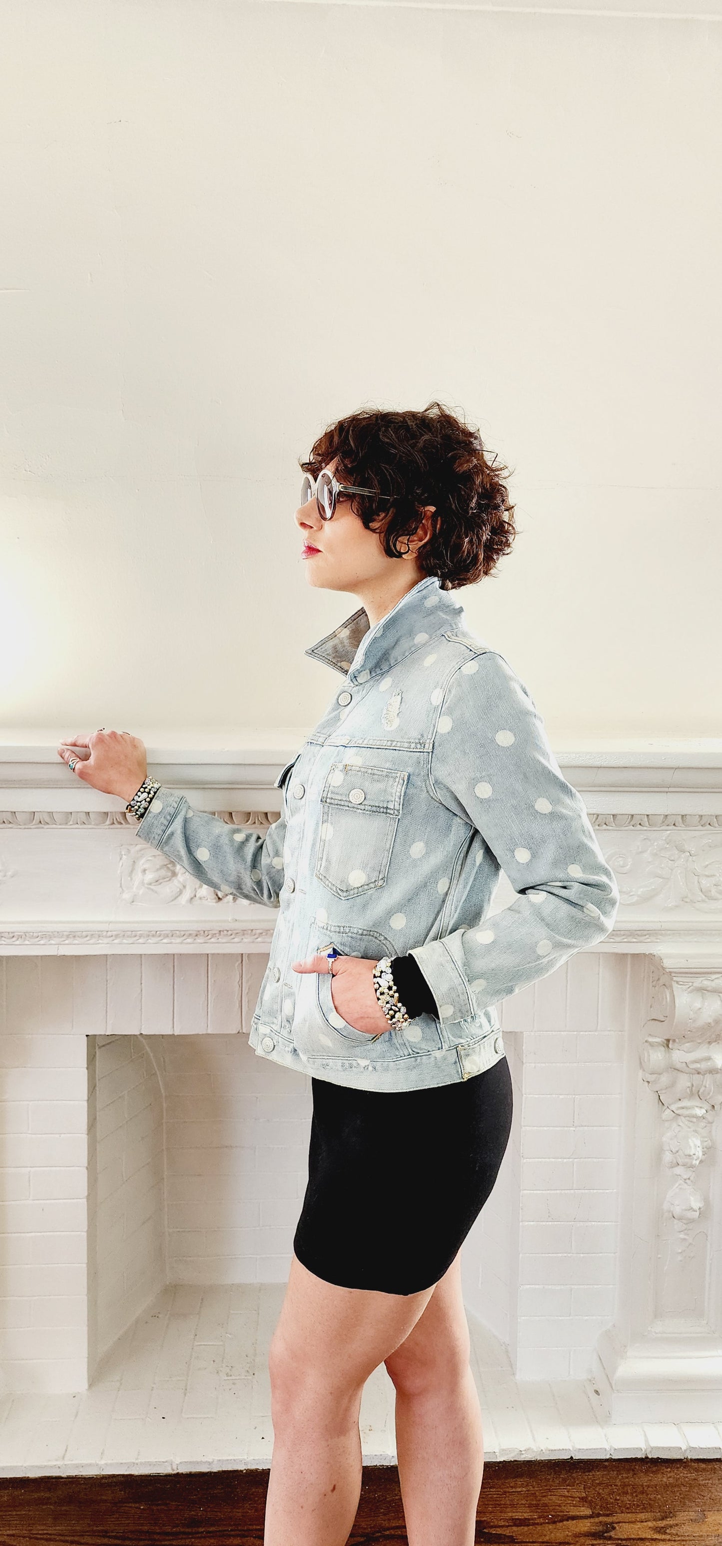 Distressed Denim Jacket Marc by Marc Jacobs, Blue w/White Polka Dots NWT / Med