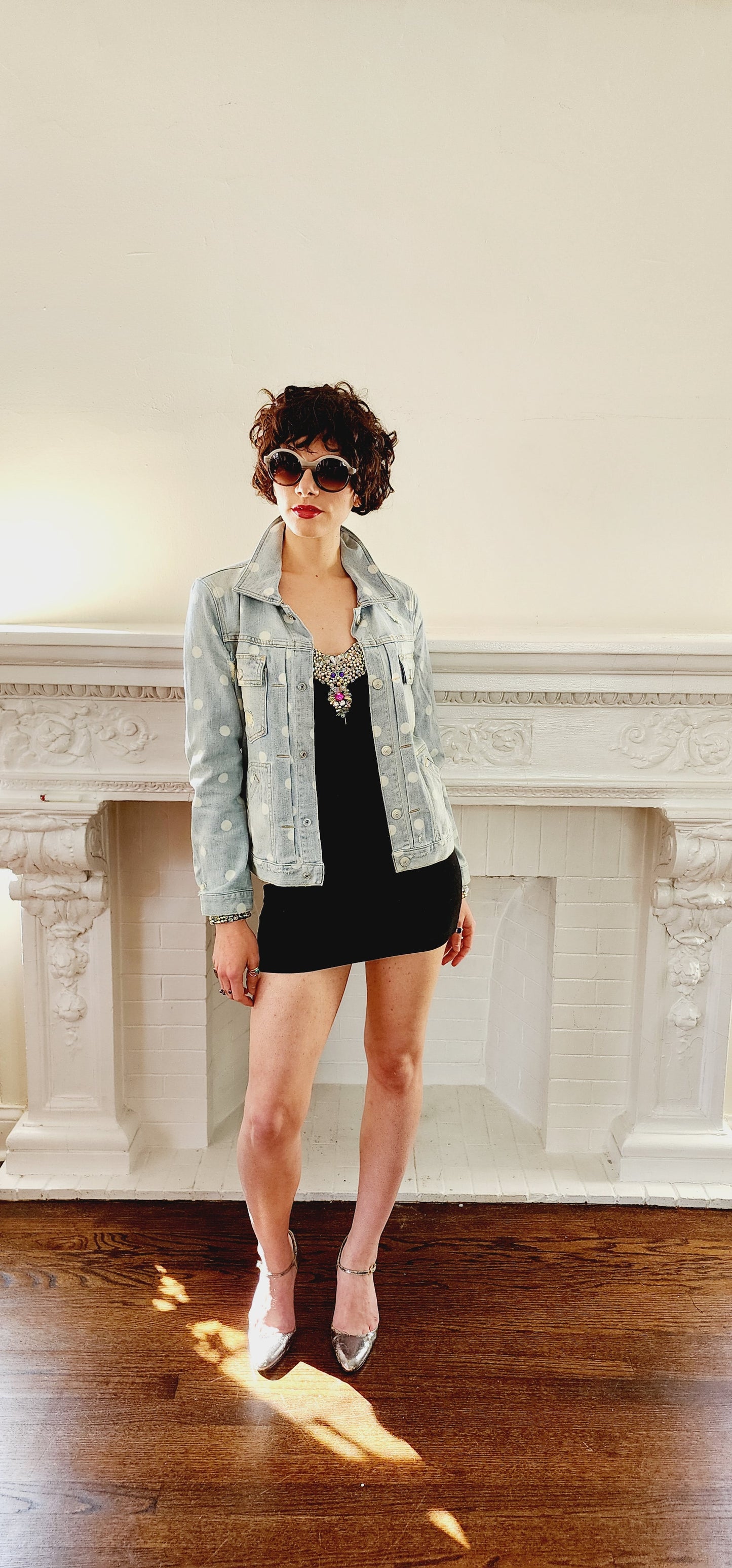 Distressed Denim Jacket Marc by Marc Jacobs, Blue w/White Polka Dots NWT / Med