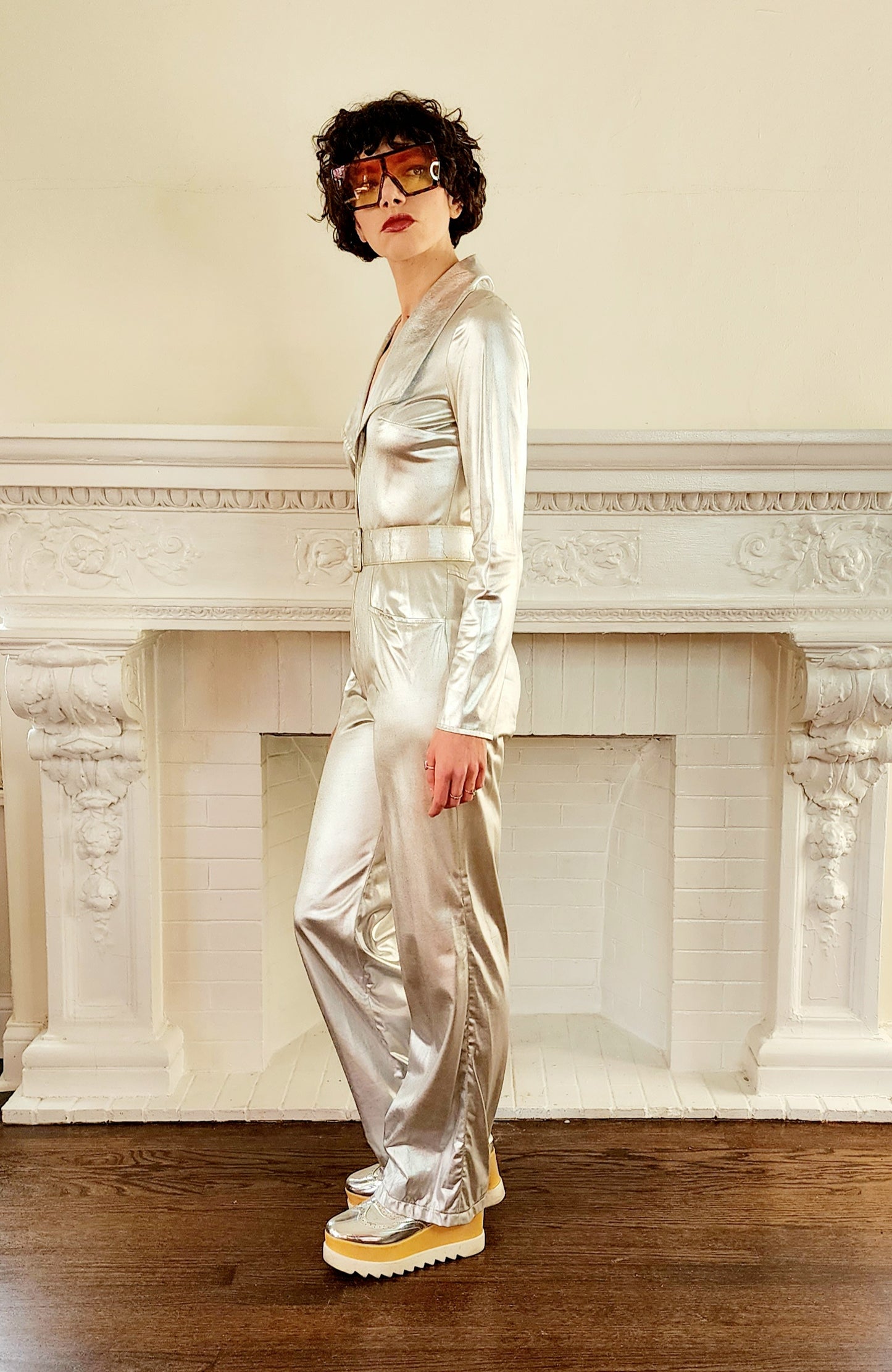 Original 70s Silver Jumpsuit Space Age Disco Dancer/ Zip Front w/Belt, by Funky / S