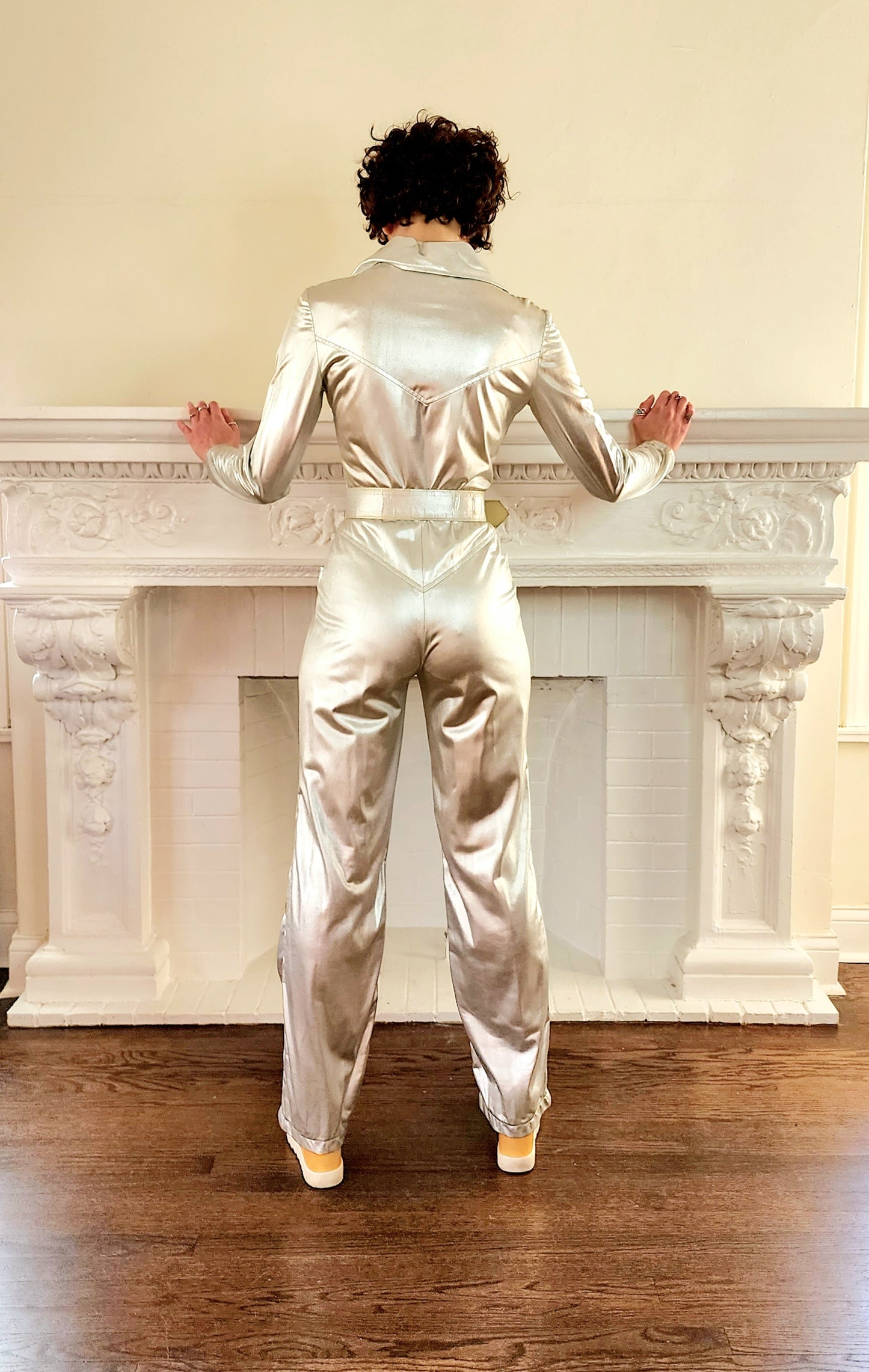 Original 70s Silver Jumpsuit Space Age Disco Dancer/ Zip Front w/Belt, by Funky / S